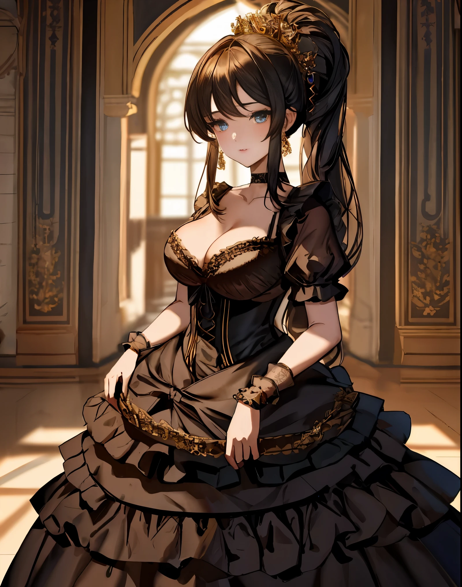 masterpiece, confused,HDR ,highly detailed eyes and face,Gosgarh, Woman in black ball gown posing for a photo, frills, race ,short sleeve, choker, race gloves,neckrace, woman wearing a Gosgarh outfit, wearing a ballgown, ((To NFSW:1.3))
