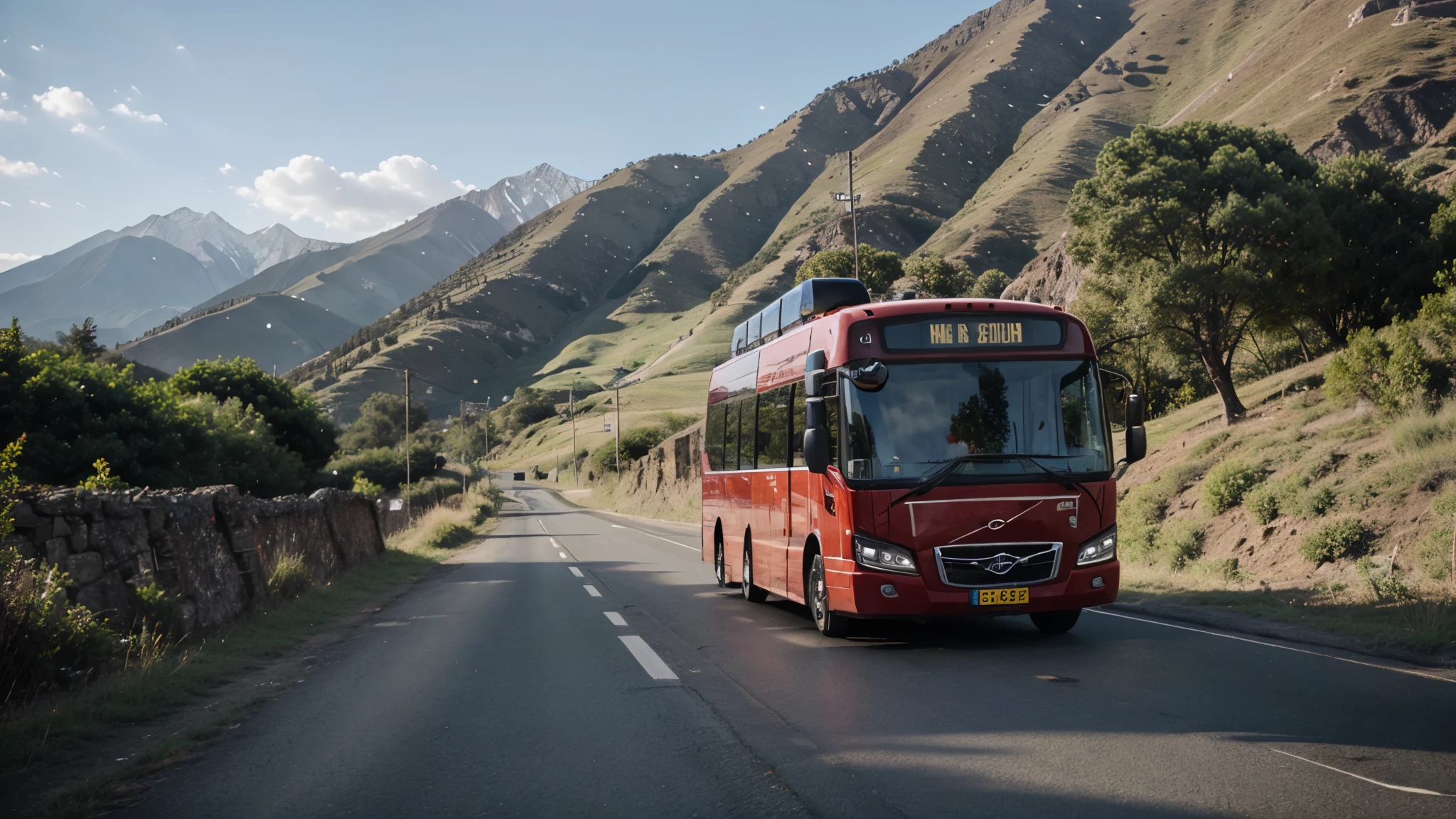 Realistic volvo bus in beautiful uttarakhand hill