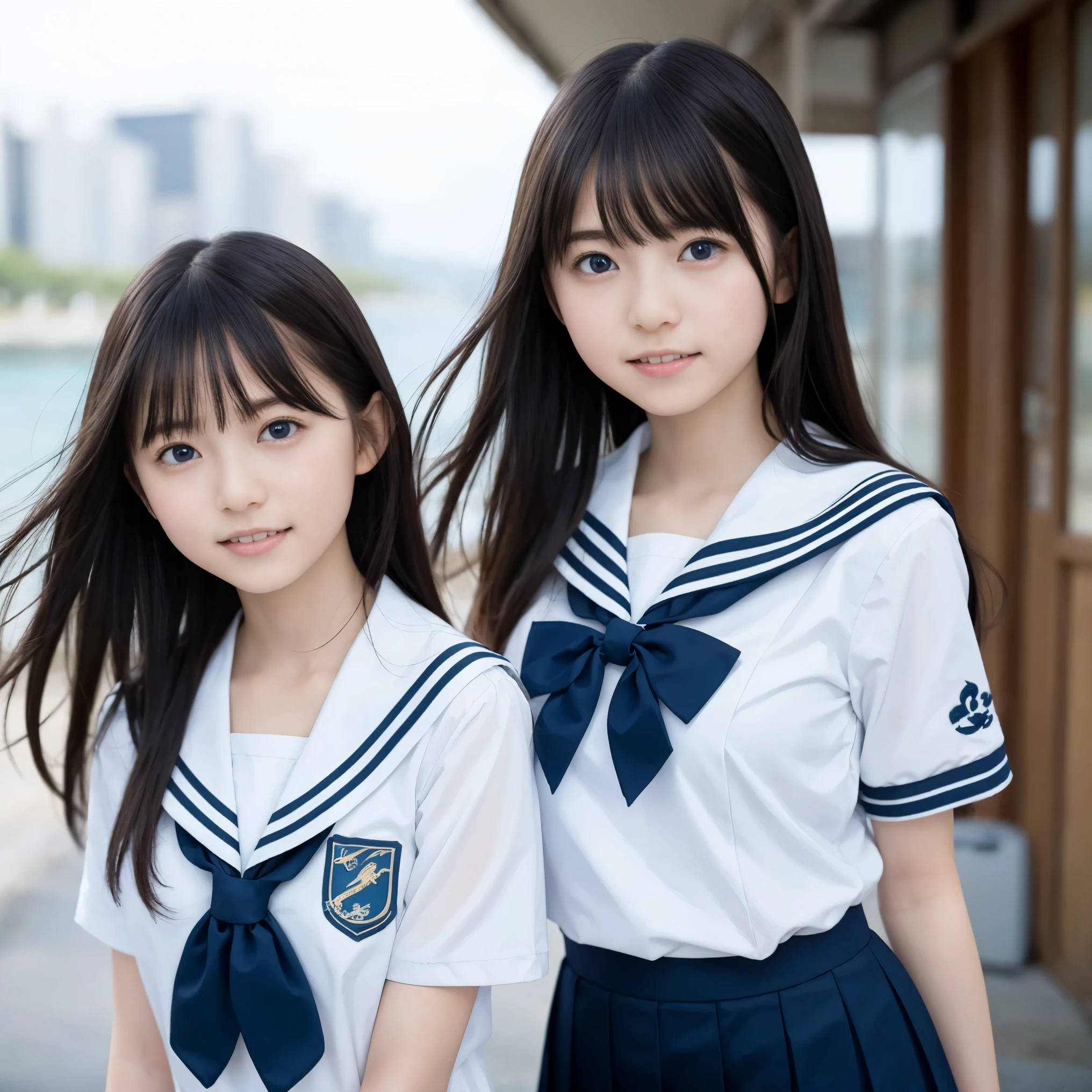 2 girls , , Smile, blue eyes, table top, highest quality, be familiar with, upon, girly running,
, sailor suit, , Breasts out, on the way to school, (thin:1),
Japanese, small breasts, Vulgarity, The wind is blowing, sky blue seaside