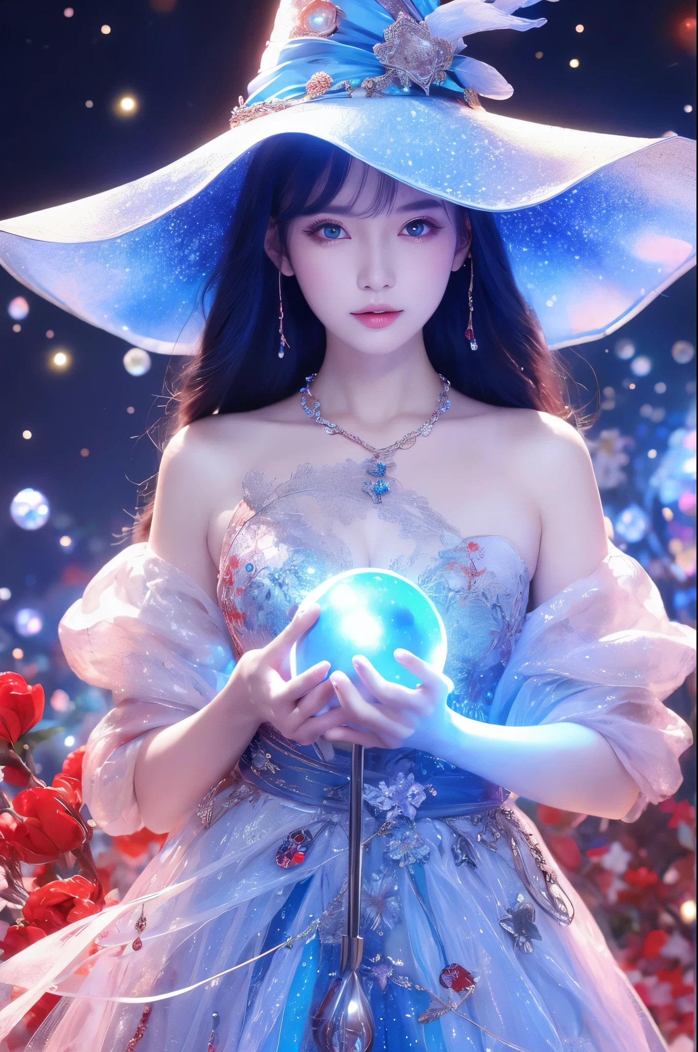 witch woman,conservative attire,with a huge hat,blue crane,Wearing a blue, red and white princess dress,Upper body close-up,Close-up photos,jewelry,Visions of heaven and earth,Magic crystal ball,The background is the Milky Way,solar system