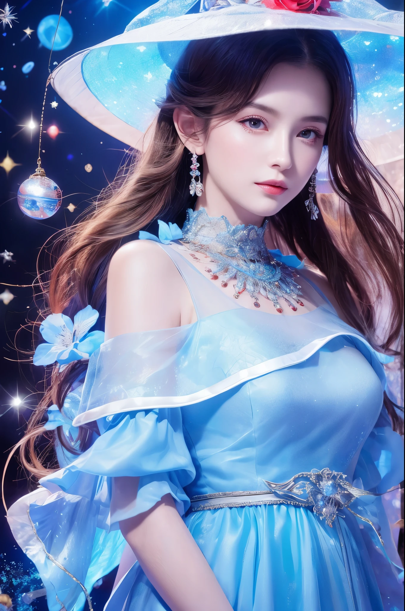 witch woman,conservative attire,with a huge hat,blue crane,Wearing a blue, red and white princess dress,Upper body close-up,Close-up photos,jewelry,Visions of heaven and earth,Magic crystal ball,The background is the Milky Way,solar system