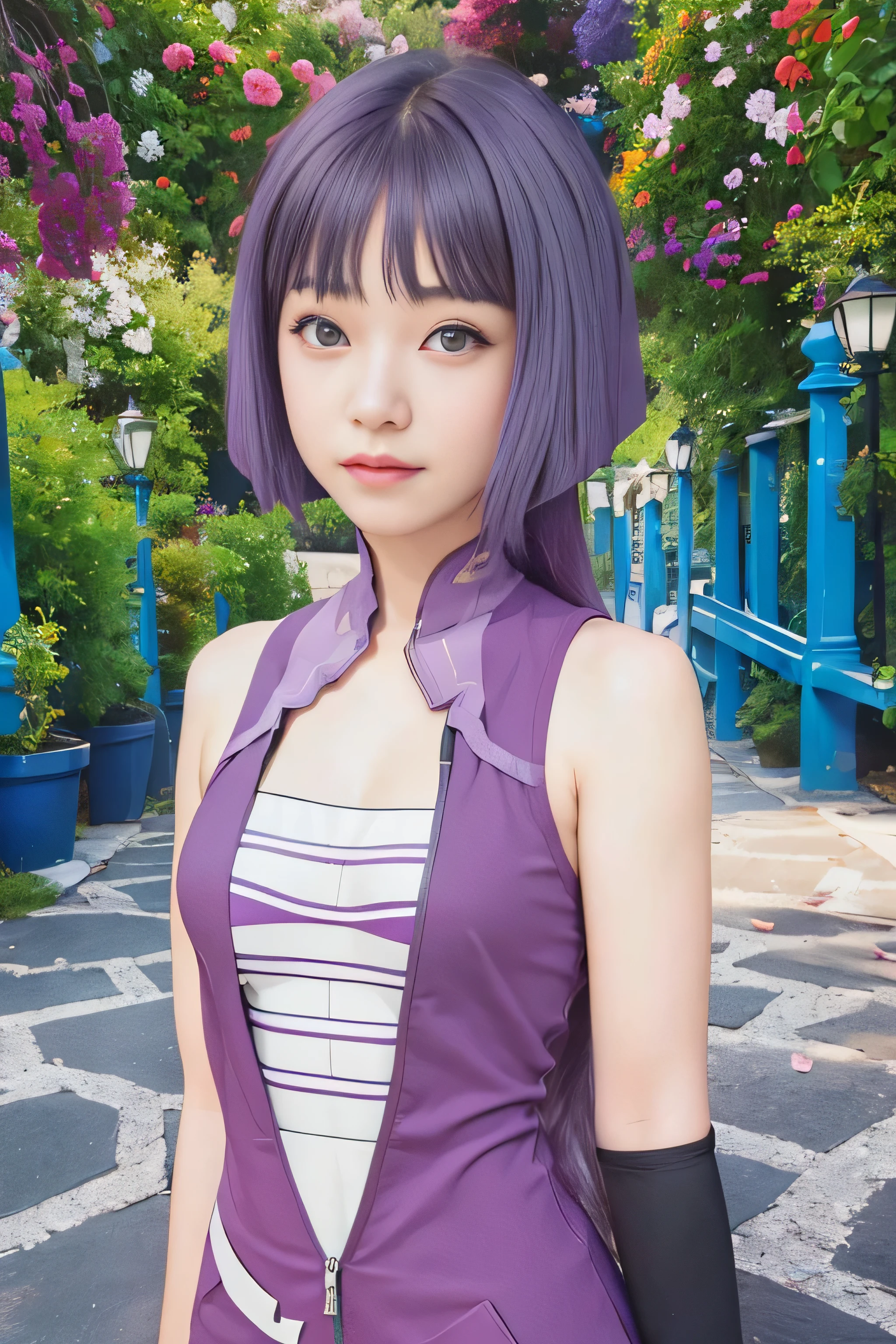 masterpiece, best quality, (realistic,photo-realistic:1.4), (RAW photo:1.2), extremely detailed CG unity 8k wallpaper, delicate and beautiful, amazing,finely detail, official art, absurdres, incredibly absurdres, huge filesize, ultra-detailed,extremely detailed eyes and face,light on face,sumire kakei,(little smile),(purple hair:1.4),(long hair:1.6),(wearing clothes:1.5),street,garden,(medium breast:1.3),bandage body