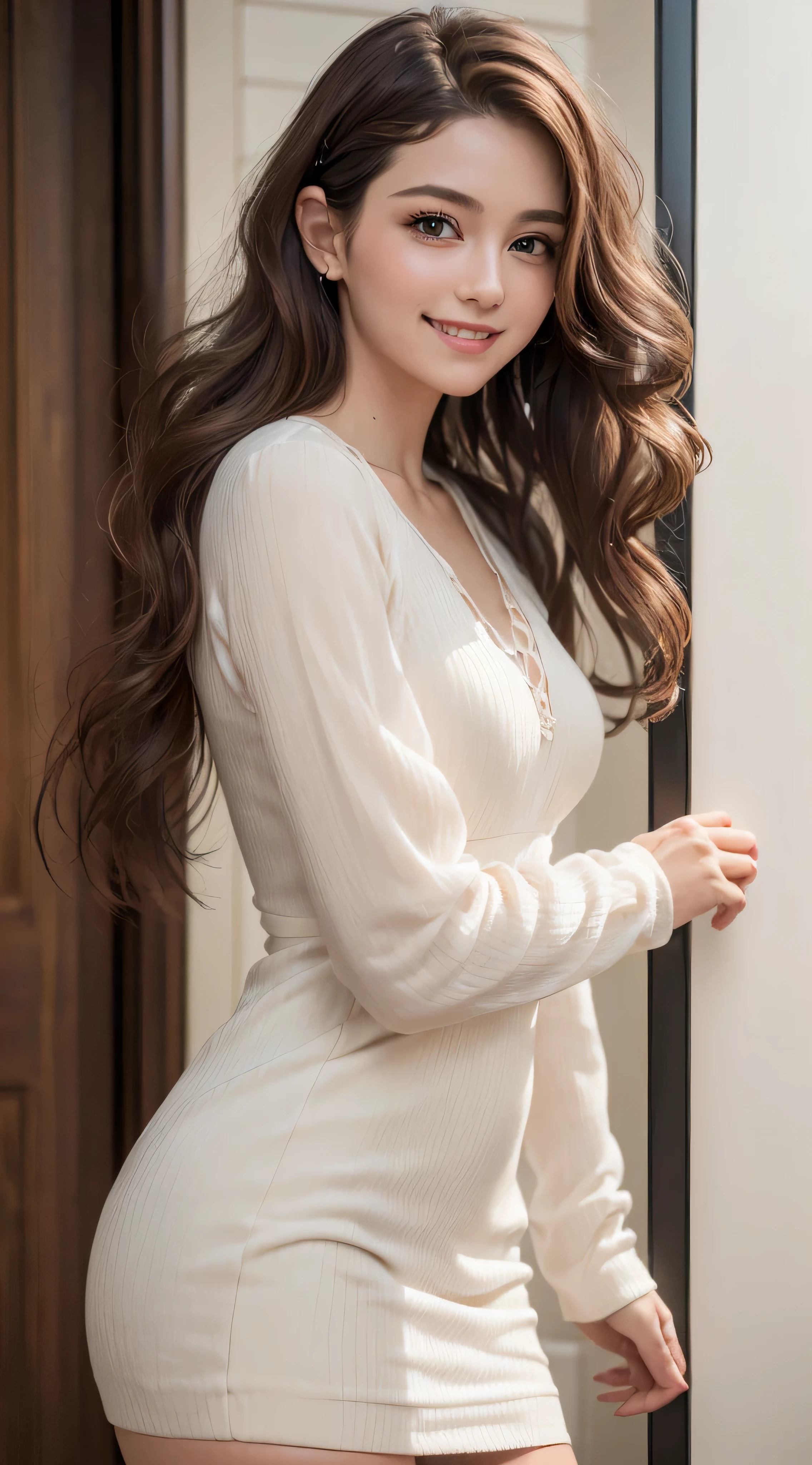 (8k、RAW photo、highest quality、masterpiece:1.2)、(real、photorealistic:1.37)、1girl、dress、green eyes、long hair、Ultra-detailed cloth、beautiful decoration of dress、((Hair with loose waves inside:1.2)),((Super long brown hair:1.2))((shy smile:1.3)),((((abstract monochrome print dress_long sleeve_mini dress_wrap dress:1.3)))、fancy orange and white print dress、