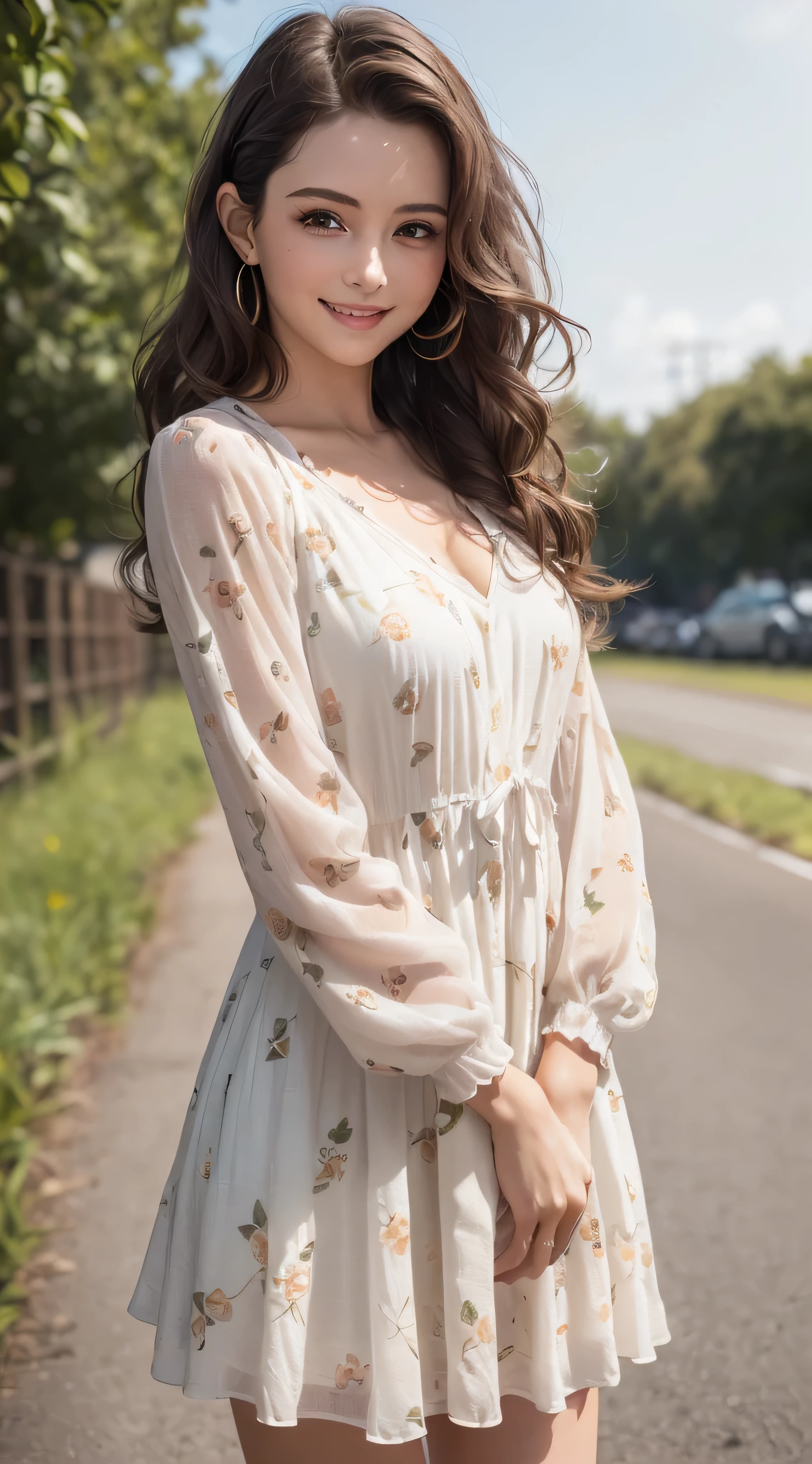 (8k、RAW photo、highest quality、masterpiece:1.2)、(real、photorealistic:1.37)、1girl、dress、green eyes、long hair、Ultra-detailed cloth、beautiful decoration of dress、((Hair with loose waves inside:1.2)),((Super long brown hair:1.2))((shy smile:1.3)),(((abstract monochrome print dress_long sleeve_mini dress_wrap dress:1.3)))、Flashy orange and white printed dress,