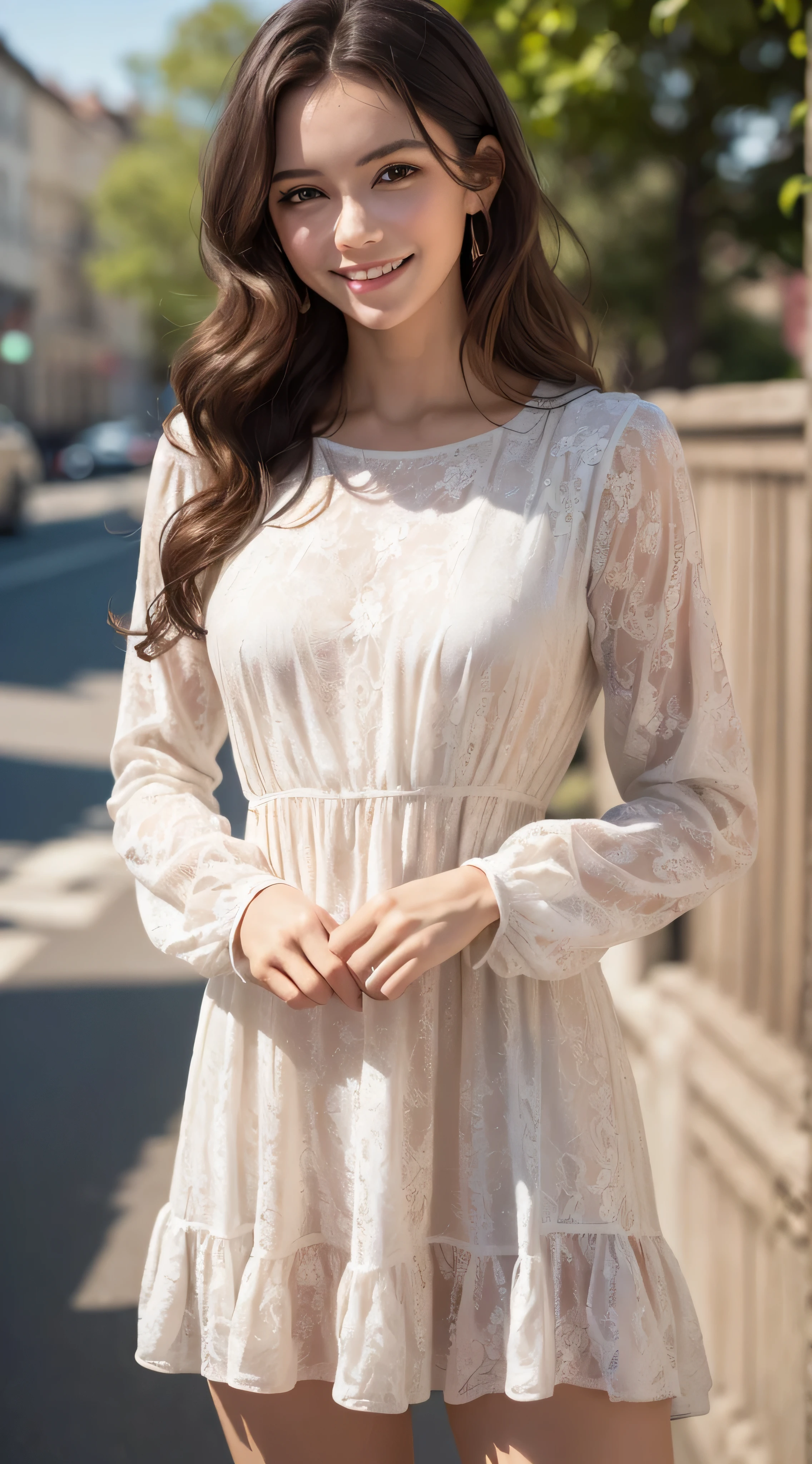 (8k、RAW photo、highest quality、masterpiece:1.2)、(real、photorealistic:1.37)、1girl、dress、green eyes、long hair、Ultra-detailed cloth、beautiful decoration of dress、((Hair with loose waves inside:1.2)),((Super long brown hair:1.2))((shy smile:1.3)),(((abstract monochrome print dress_long sleeve_mini dress_wrap dress:1.3)))、Flashy orange and white printed dress,