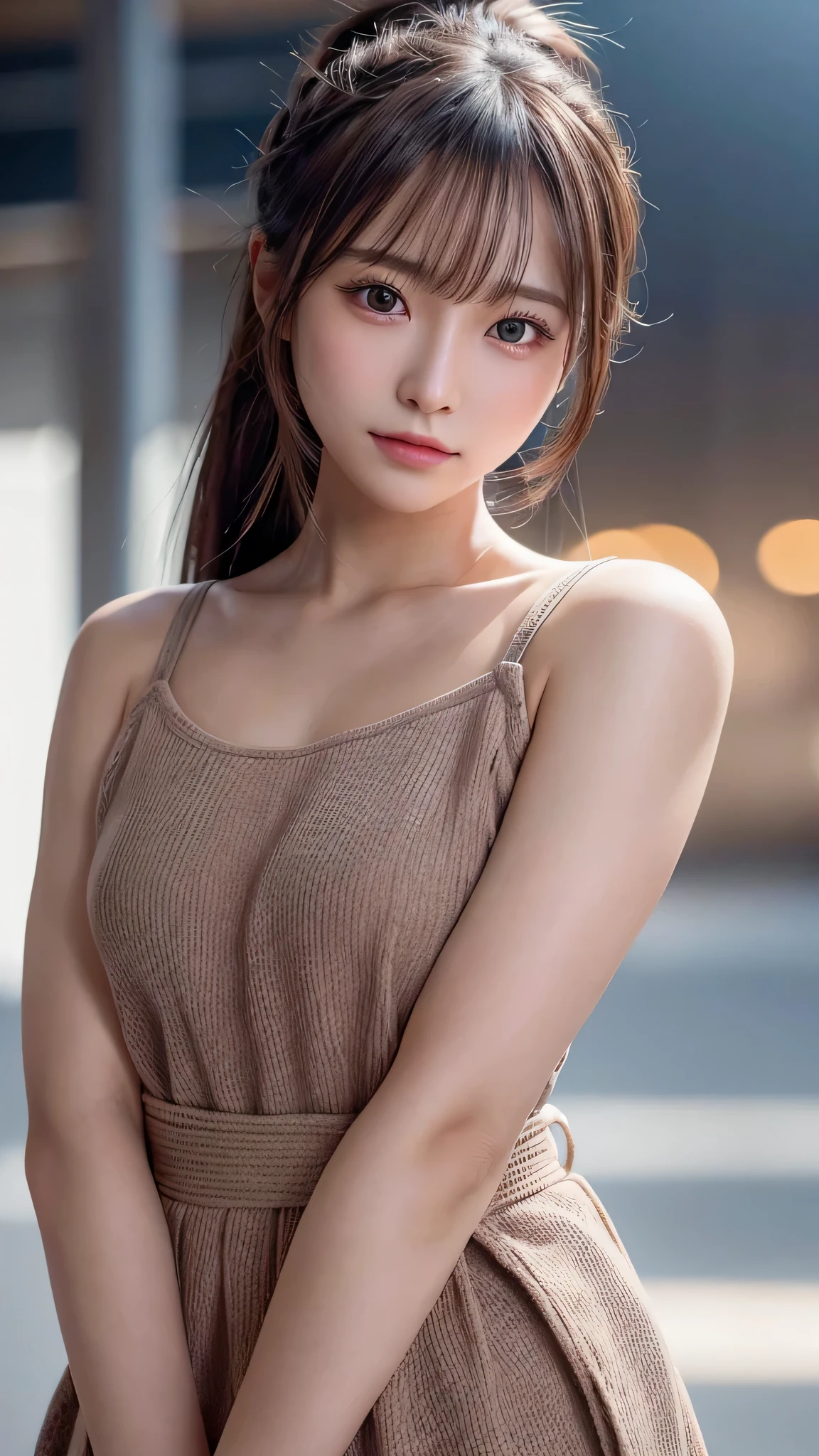 8K, of the highest quality, masutepiece:1.2), (Realistic, Photorealsitic:1.37), of the highest quality, masutepiece, Beautiful young woman, Pensive expression, Gentle eyes, Apron naked、full of shyness、Hair tied back, Messy mood, Cinematic background,  Light skin tone