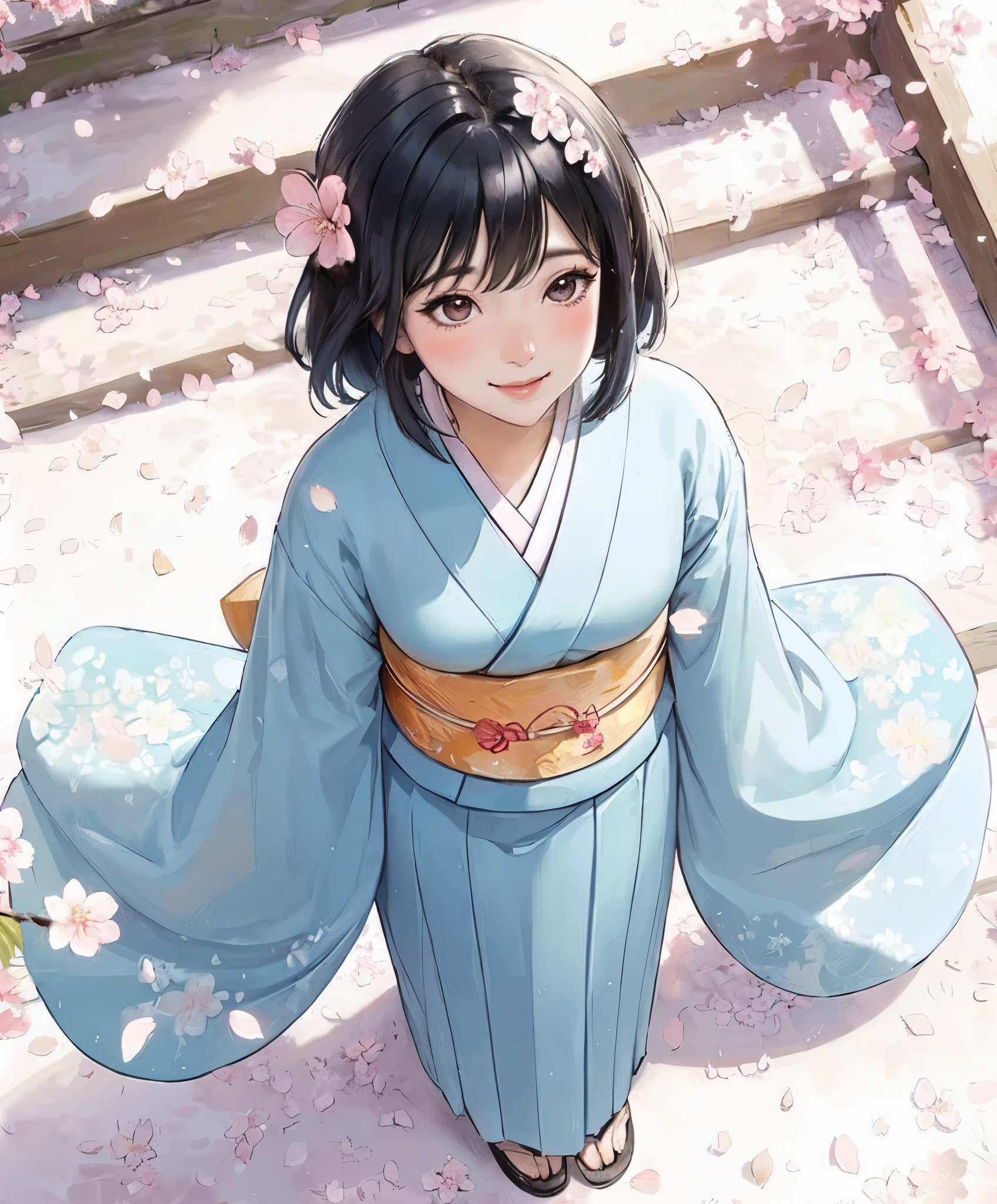 1lady solo, (from above), standing, (looking up at viewers), (light blue kimono) stylish, mature female, /(black hair/) bangs, blush light smile, (masterpiece best quality:1.2) delicate illustration ultra-detailed, medium breasts BREAK (cherry blossom petals on ground), stone bricks BREAK (cherry blossoms tree) outdoors, (petals dancing down), noon, detailed background