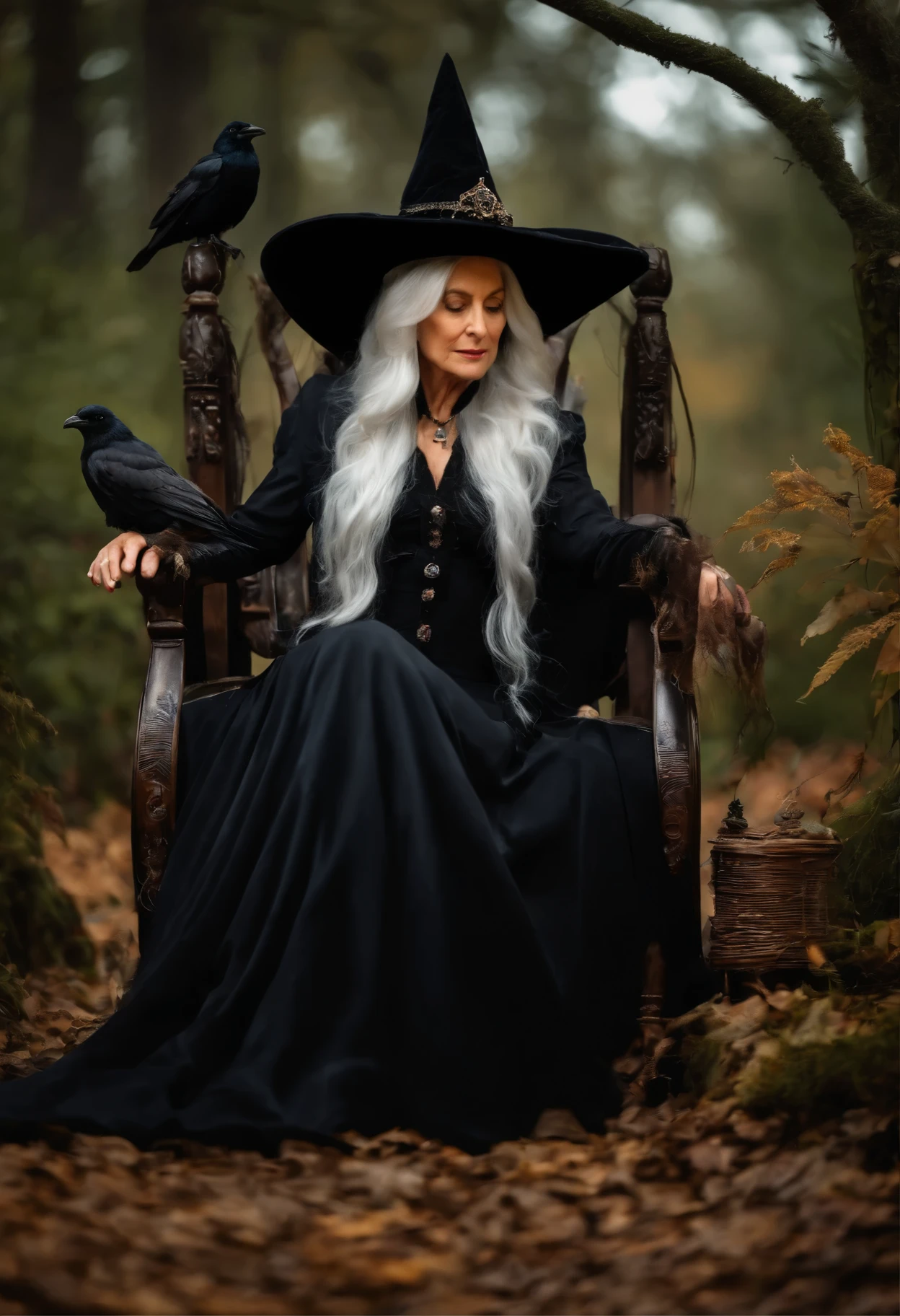 color photo of: A white-haired and aged witch, adorned in a pointed wizard's hat, sitting on a regal Cardelou chair, with a wise Sonystr Crow perched on her shoulder. She is captured in the midst of casting a spell, as magical energy ripples through the air. The faint whispers of ancient incantations can almost be heard, spreading legs, view upskirt of pussy,
mystical atmosphere, vibrant colors, ethereal lighting, Nikon Z7 II camera, Adobe Photoshop software, J.R.R. Tolkien, J.K. Rowling, Neil Gaiman, Alexander McQueen, Dolce & Gabbana
