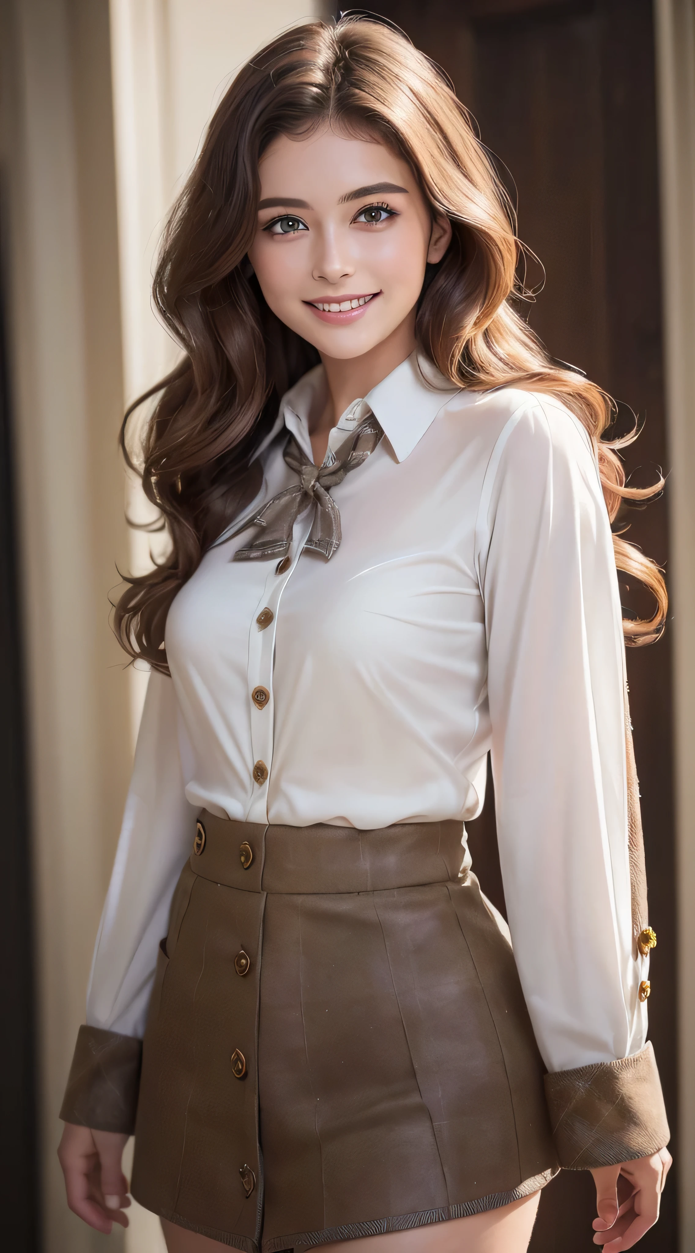 (8k、RAW photo、highest quality、masterpiece:1.2)、(real、photorealistic:1.37)、1girl、dress、green eyes、long hair、Ultra-detailed cloth、beautiful decoration of dress、((Hair with loose waves inside:1.2)),((Super long brown hair:1.2))((shy smile:1.3)),((white long sleeve button blouse_brown tweed miniskirt:1.3)),