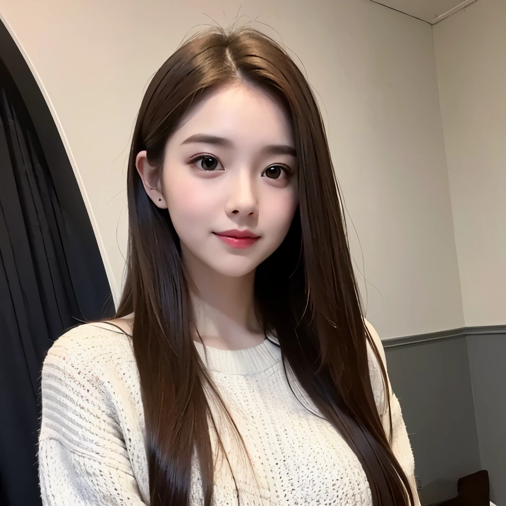Girl, long brown hair, gray eyes, sharp features, white skin, young woman, long dress style with sweater, Australia
