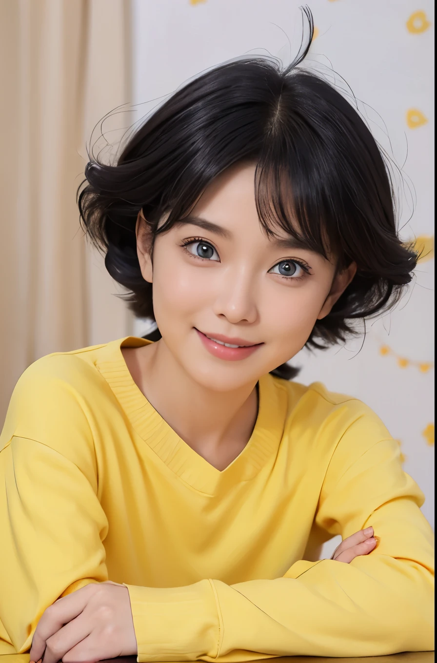 1fimale, uzumaki himawari in anime boruto the next generation, short hair, black hair, blue eyes, yellow clothes, realistic clothes, beautiful, smile, konoha bacground, realistic, ultra detail