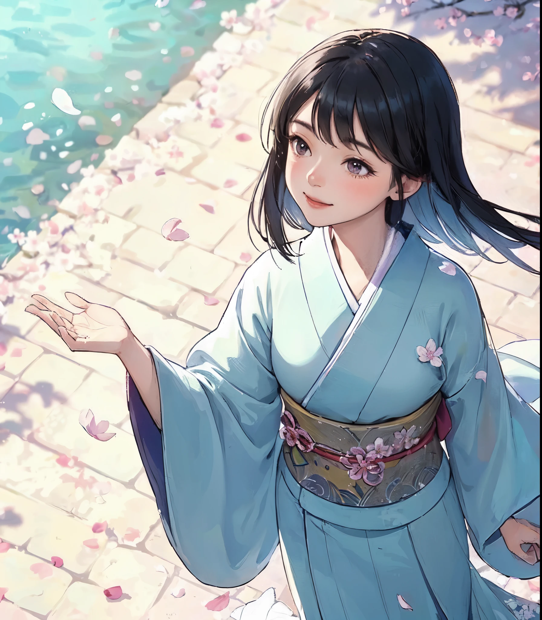1lady solo, (from above), standing, (gazing at petal dancing down), (light blue kimono) stylish, mature female, /(black hair/) bangs, blush light smile, (masterpiece best quality:1.2) delicate illustration ultra-detailed, medium breasts BREAK (small petal landing her palm) BREAK (cherry blossom petals on ground), stone bricks, river BREAK (cherry blossoms tree) outdoors, (petals dancing down), noon, detailed background