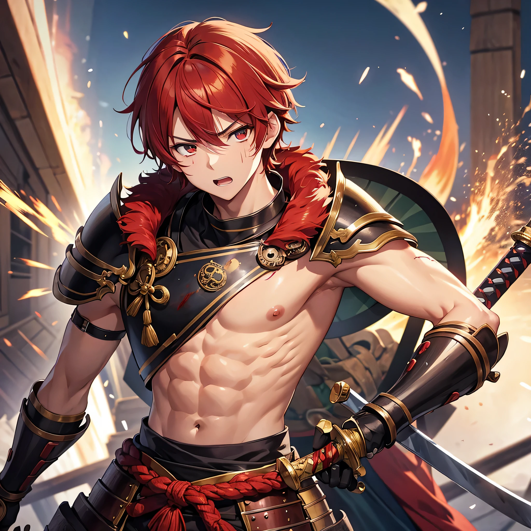 anime screenshot, very beautiful detailed anime face and eyes, incredibly detailed, whole body, 
boy, , cute, Under ************, whole body, redhead, short hair, expression of anger, muscular, pale and tanned skin, (nipple), (Sengoku era armor), (have a sword), (battlefield), (Blood) wet body), (Body with many scars), (high resolution), (High precision)
