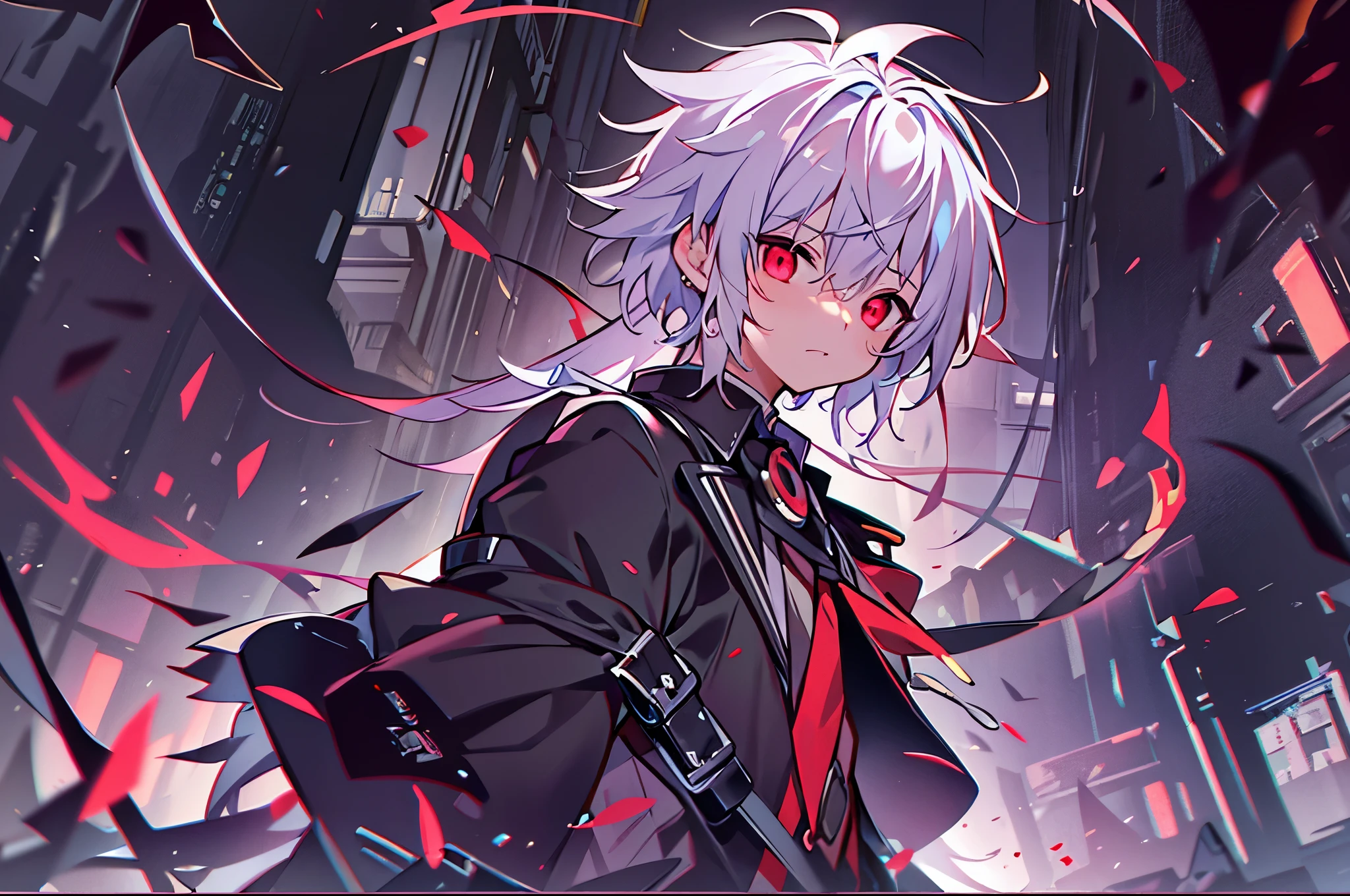 High resolution、to close range、one boy、（solo）、Anime boy with white hair and red eyes staring at the camera、glowing red eyes、slim、Blackening、shadow body、colorful background、messy hair、Yamaro Yandere、diagonal angle
