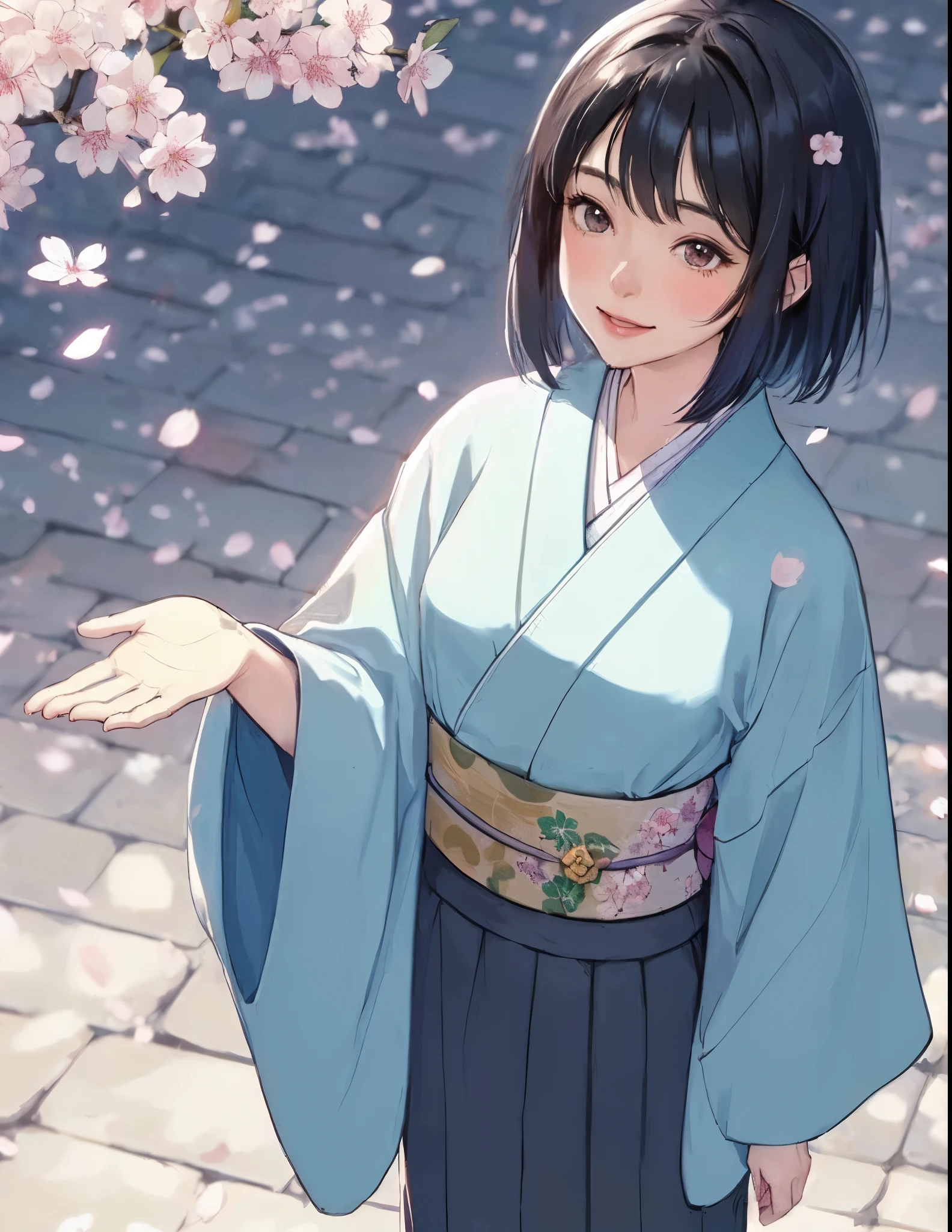 1lady solo, (from above), standing, (gazing at petal dancing down), (light blue kimono) stylish, female, /(black hair/) bangs, blush light smile, (masterpiece best quality:1.2) delicate illustration ultra-detailed, medium breast (small petal landing her palm) BREAK (cherry blossom petals on ground), stone bricks BREAK (cherry blossoms tree) outdoors, (petals dancing down), noon, detailed background