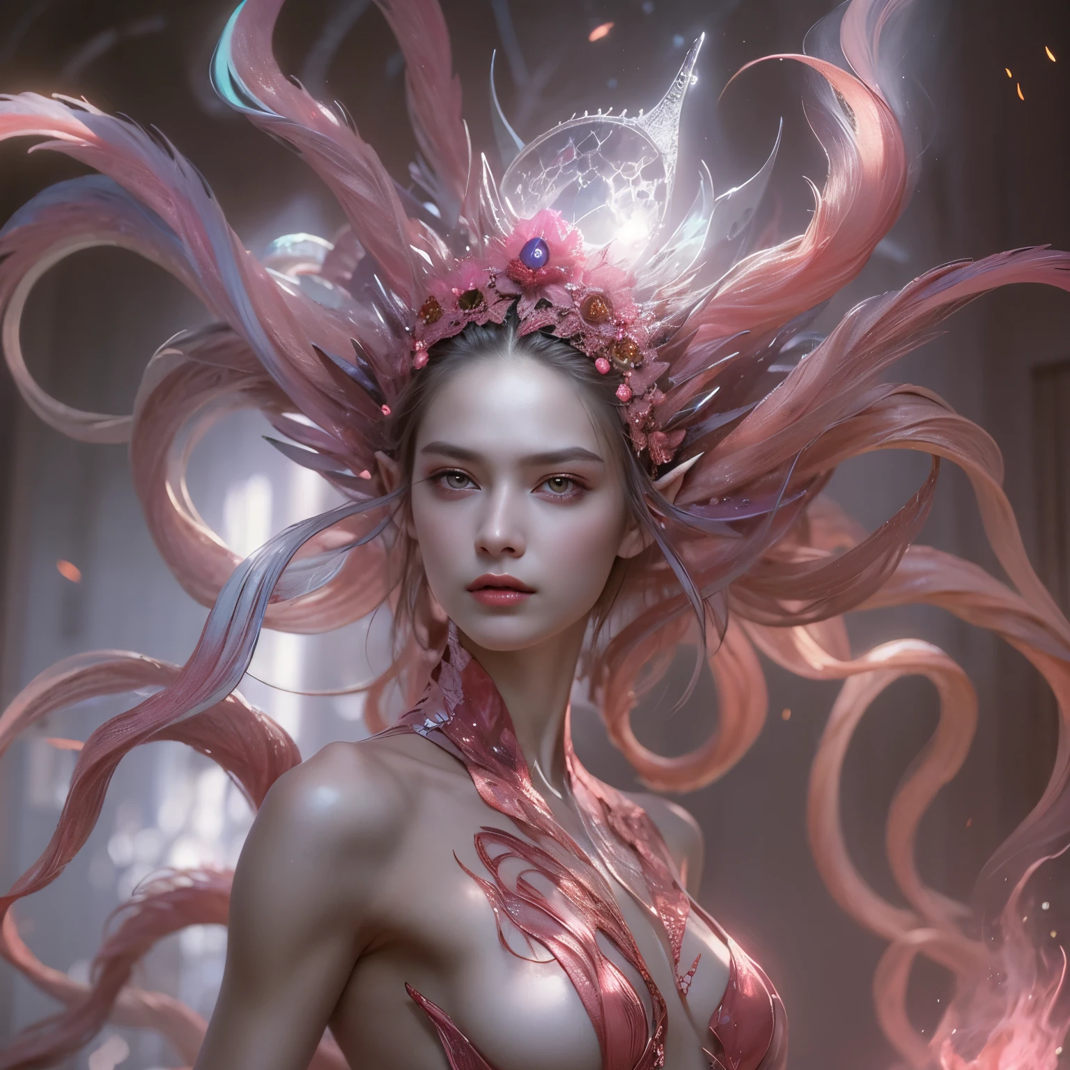 (1 female Alien: 1.2), With a beautiful, enchanting face, this alien seduces us with her allure. Her captivating red eyes gleam brightly, reminiscent of burning embers. Her full body is unlike any human's, boasting a sexy, otherworldly form. No humans are present in this scene as she stands alone, her cells fused in a unique and intriguing extraterrestrial way.
(extraordinary beautiful nude photo:1.4), (glowing pink eyes:1.5), (sexy and glamorous:1.1), (coquettish expression:1.2), toned lean body, (muscular:1.2), (beautiful abs:1.5), beautiful nipples,  She has lots of iridescent translucent tentacles instead of her hair, pale skin, (white skin with prominent veins:1.3),
Lots of iridescent translucent tentacles adorn her body, shimmering under the dramatic lighting. Her pale skin, with a hint of translucency, adds to her ethereal allure. This masterpiece, rendered in 