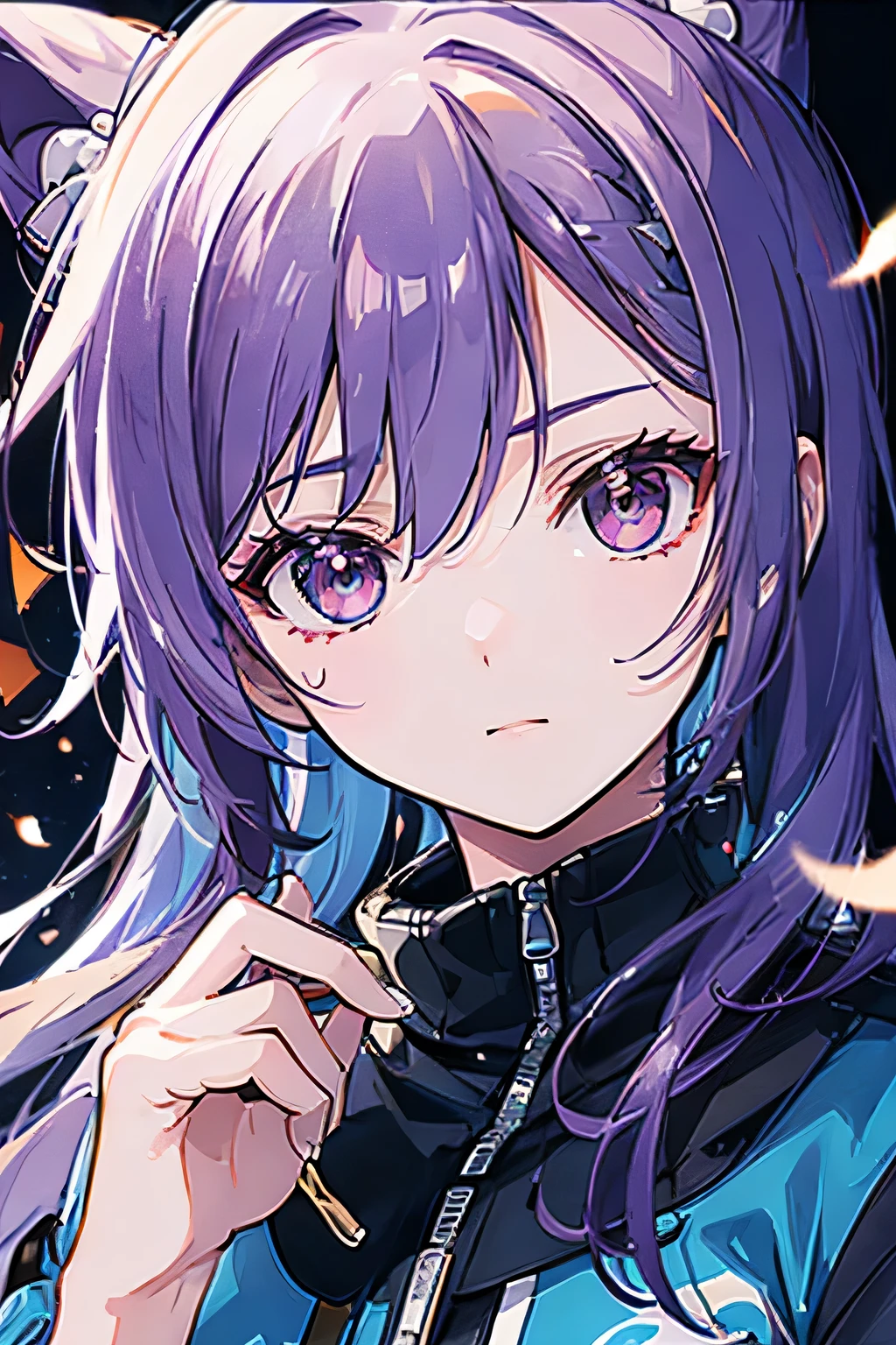 (masterpiece, highres, high resolution:1.2), anime 20 yo sad girl, portrait, shoulders up, illustration. drawn, violet hair woman, green eyes in tears, solo, crying, sad, sad face, freckles, big lips, huge breasts, perfect body, wearing a turtleneck sweater, anime girl, no hands.