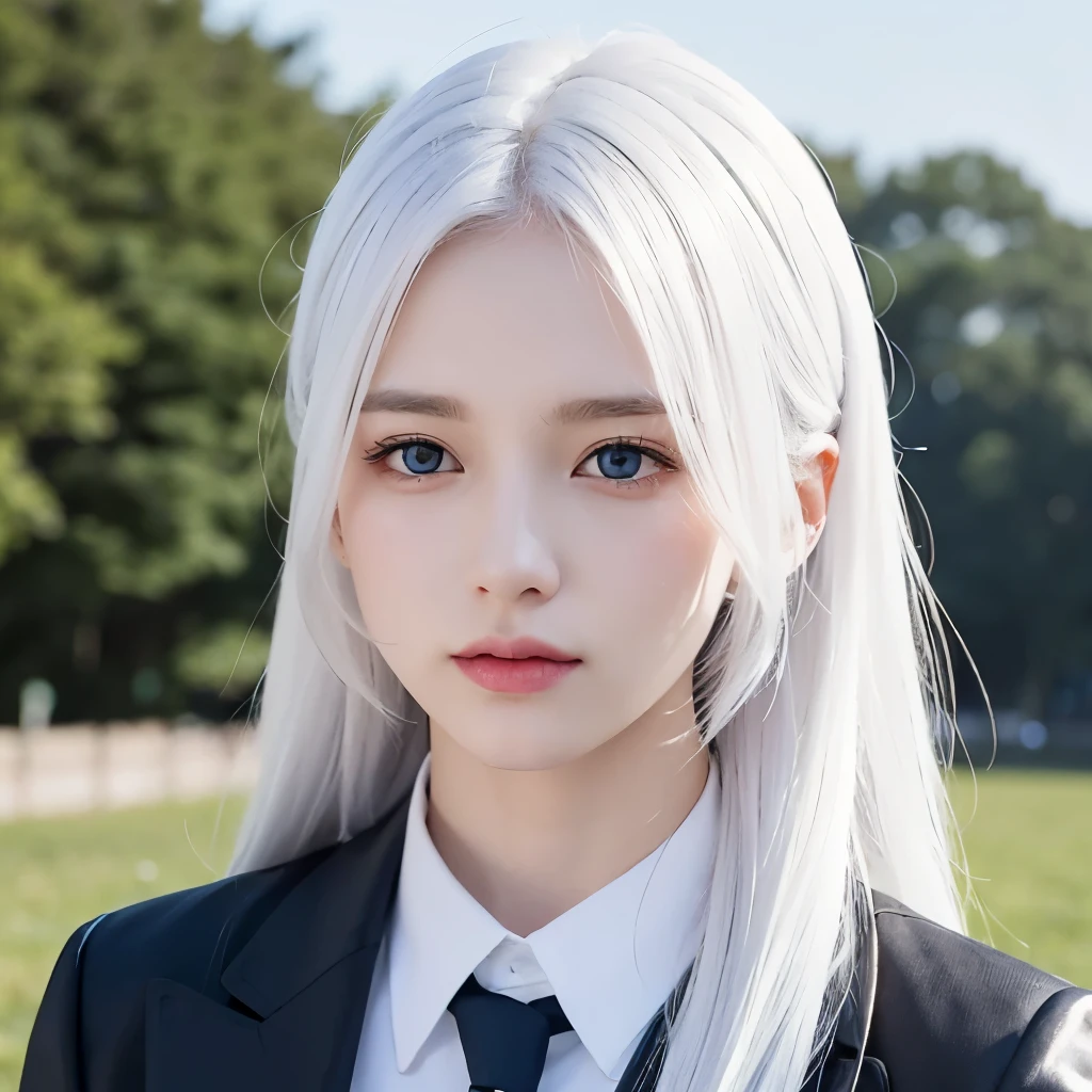 Boy, white hair, blue eyes, serious sharp features, white skin, school style, class