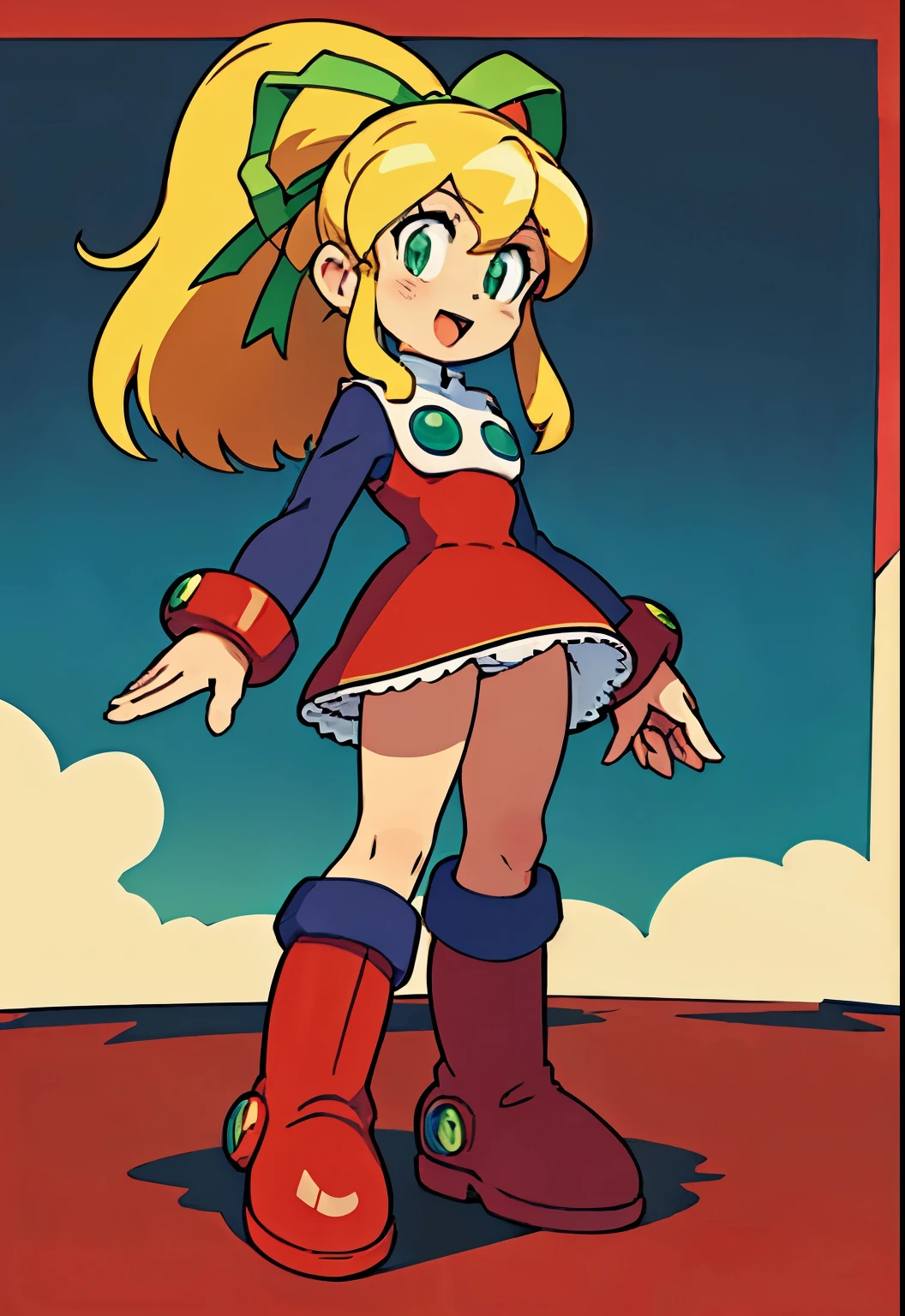 masterpiece, high quality, megamanroll, 1girl, solo, green eyes, blonde hair, ponytail, ribbon, open mouth, boots, dress, smile, long hair, knee boots, red dress, hair ribbon, red footwear, long sleeves, red skirt, green ribbon, looking at viewer, sidelocks, skirt, boots, futuristic city, robot behind,