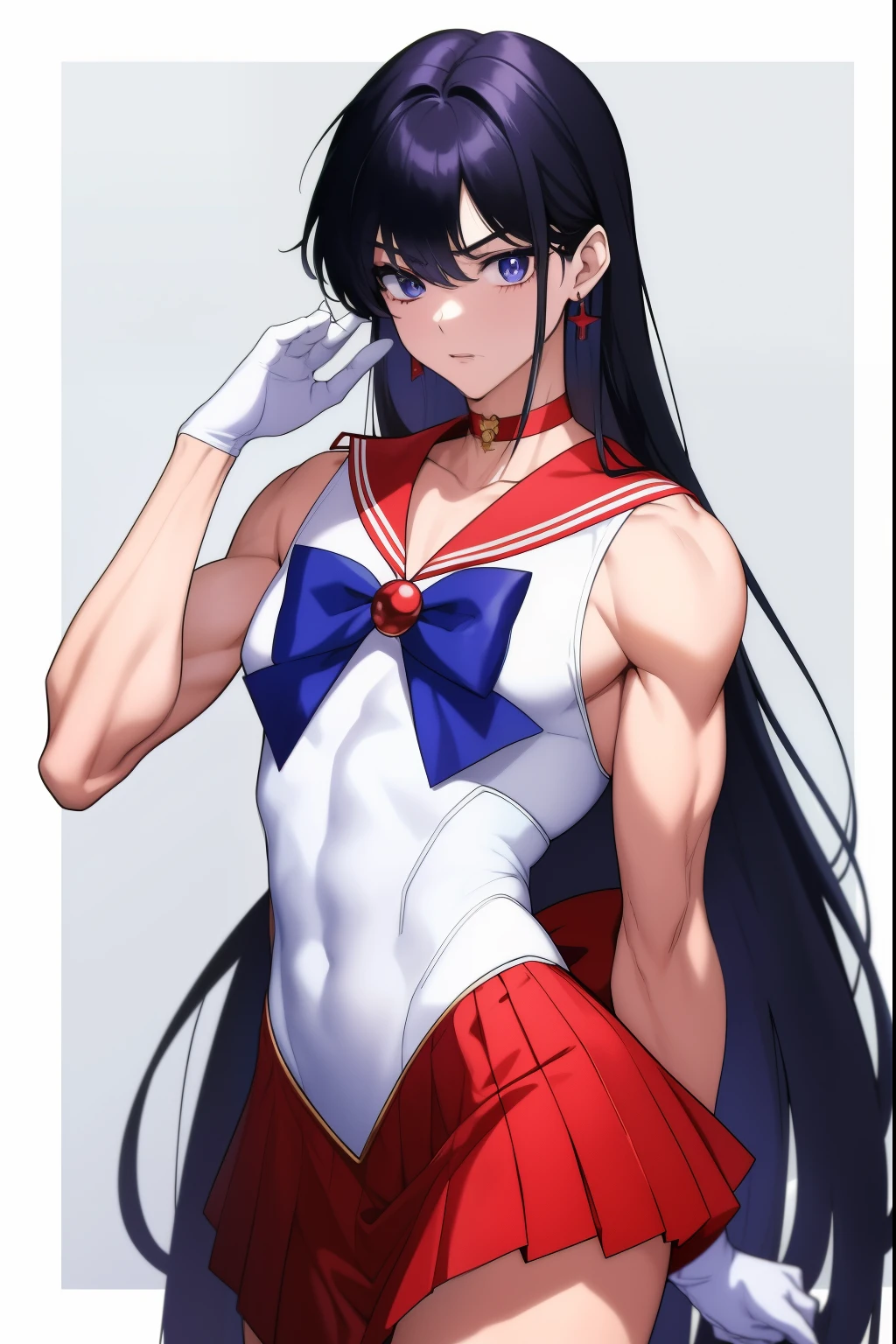 highest quality anime art、masterpiece、high definition anime art、4Kstyle、High resolution、anime boy、かっこいいanime boy、sailor warrior uniform、solo、red sailor collar、blue bow tie、boy with very long black hair、flames around him、skirt、magical boy、red choker、white leotard、high leg leotard、white dress, traditional_media、fire、liparker_(medium)、red skirt、neck、Upper body、burning、elbow bag、wearing makeup、jewelry、golden circlet、glaring at、white gloves、eyelash、red lipstick、mocking、muscular man、flame、blue_bow、mini skirt、pleated skirt、bare shoulders、red_back_bow、muscular and strong body、blue_bow_tie、earrings、boy with purple eyes、black eyed boy、multicolored_background、covered_navel、(1990s\(style\):0.9)