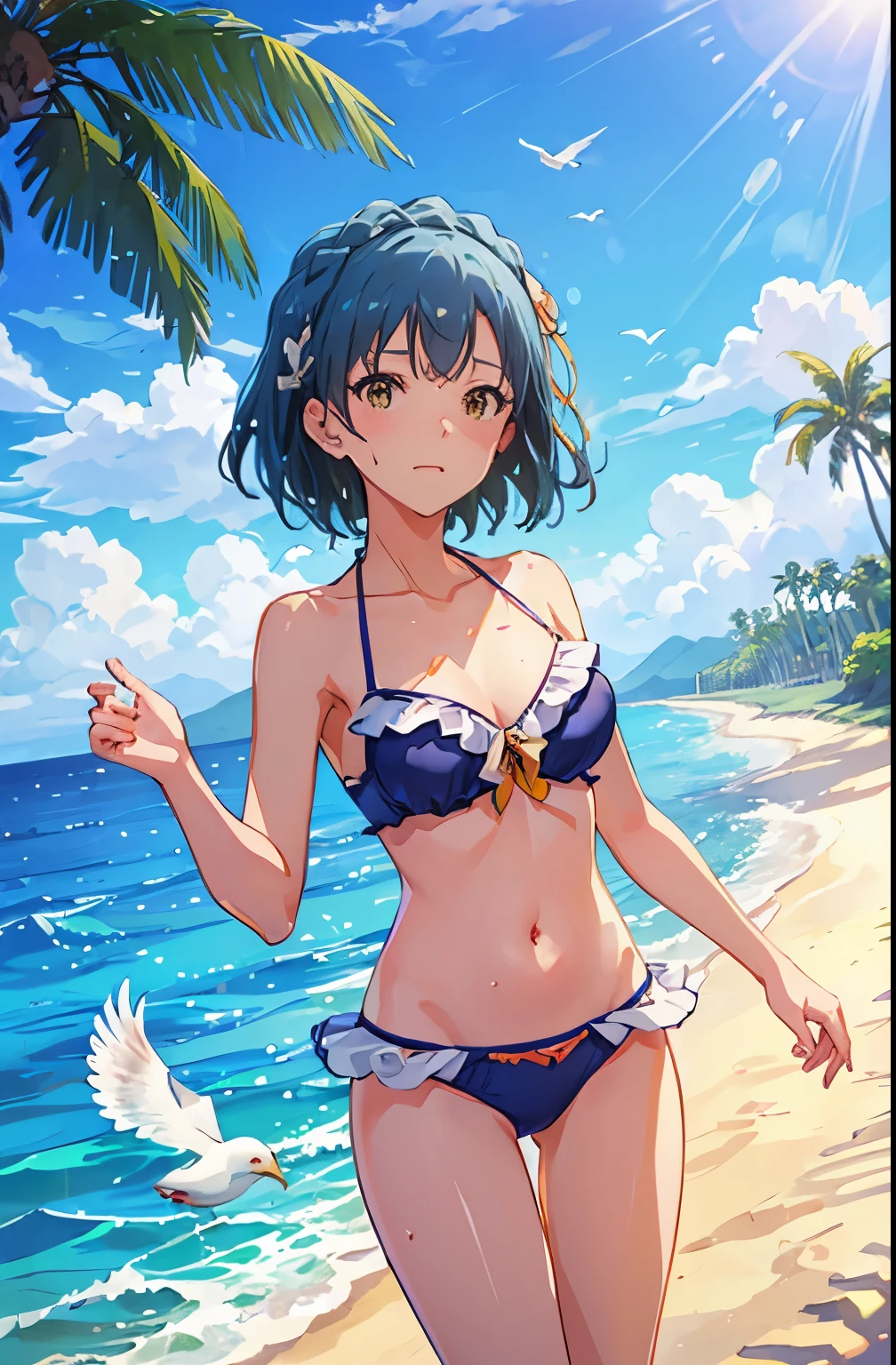 yuriko nanao (million live), 1 girl, , Solo, Cute Girl, Best Quality, Ultra-detailed, 8K, High resolution, Detailed face, shiny skin, Bob Hair, (((embarrassed, covering chest by hand))), (((bikini, wet skin, wet hair))), (((outdoor, shining sky, sunshine, Summer, Beach, Resort, palm tree, flying seagull,)))
