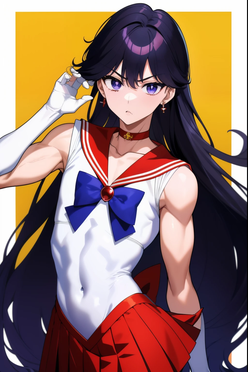 highest quality anime art、masterpiece、high definition anime art、4Kstyle、High resolution、anime boy、かっこいいanime boy、sailor warrior uniform、solo、red sailor collar、blue bow tie、boy with very long black hair、flames around him、skirt、magical boy、red choker、white leotard、high leg leotard、white dress, traditional_media、fire、liparker_(medium)、red skirt、neck、Upper body、burning、elbow bag、wearing makeup、jewelry、golden circlet、glaring at、white gloves、eyelash、red lipstick、mocking、muscular man、flame、blue_bow、mini skirt、pleated skirt、bare shoulders、red_back_bow、muscular and strong body、blue_bow_tie、earrings、boy with purple eyes、black eyed boy、multicolored_background、covered_navel、(1990s\(style\):0.9)