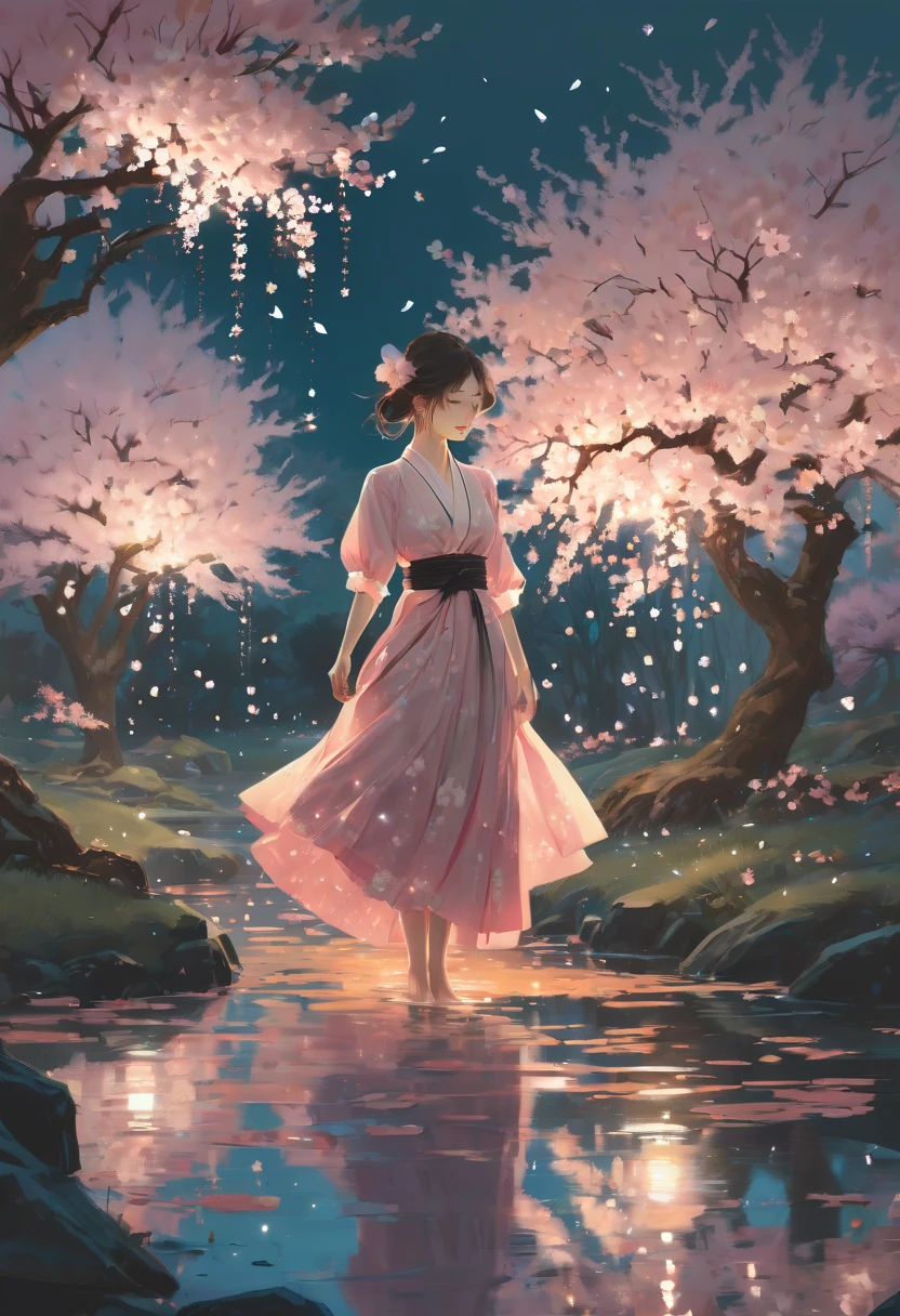 1girl, The Sakura Maiden, aesthetic, Incredible, detailed fluid gouache illustration of an enchanting, glowing sakura garden at sunset by renowned artists including Jeremy Mann and Winslow Homer. Features sharp focus, vivid colors, fireflies and a hyperrealistic galaxy. Concept art with 8k resolution.