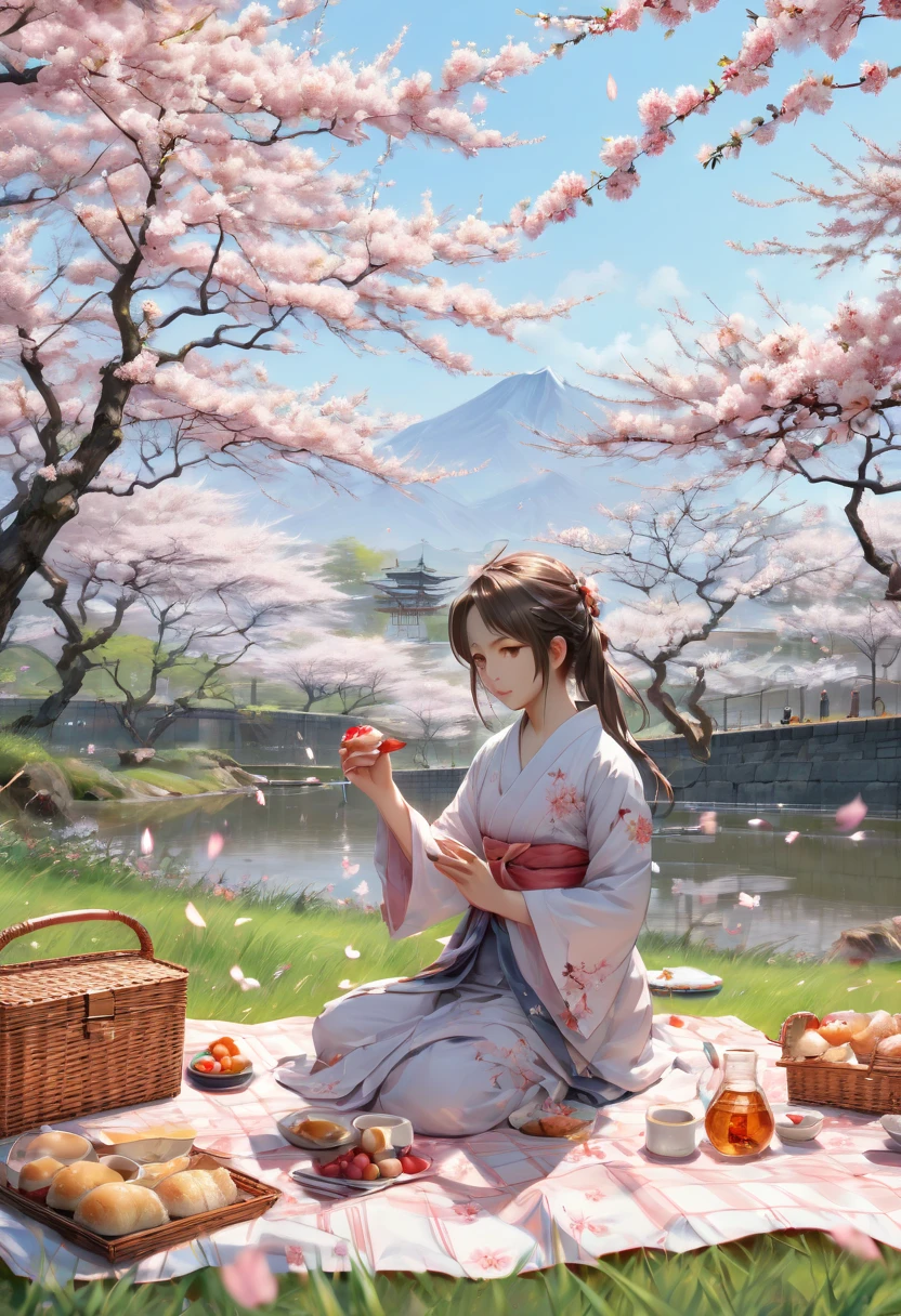 girl, picnic, Sakura, junoesque, (best quality, masterpiece, Representative work, official art, Professional, Ultra intricate detailed, 8k:1.3)