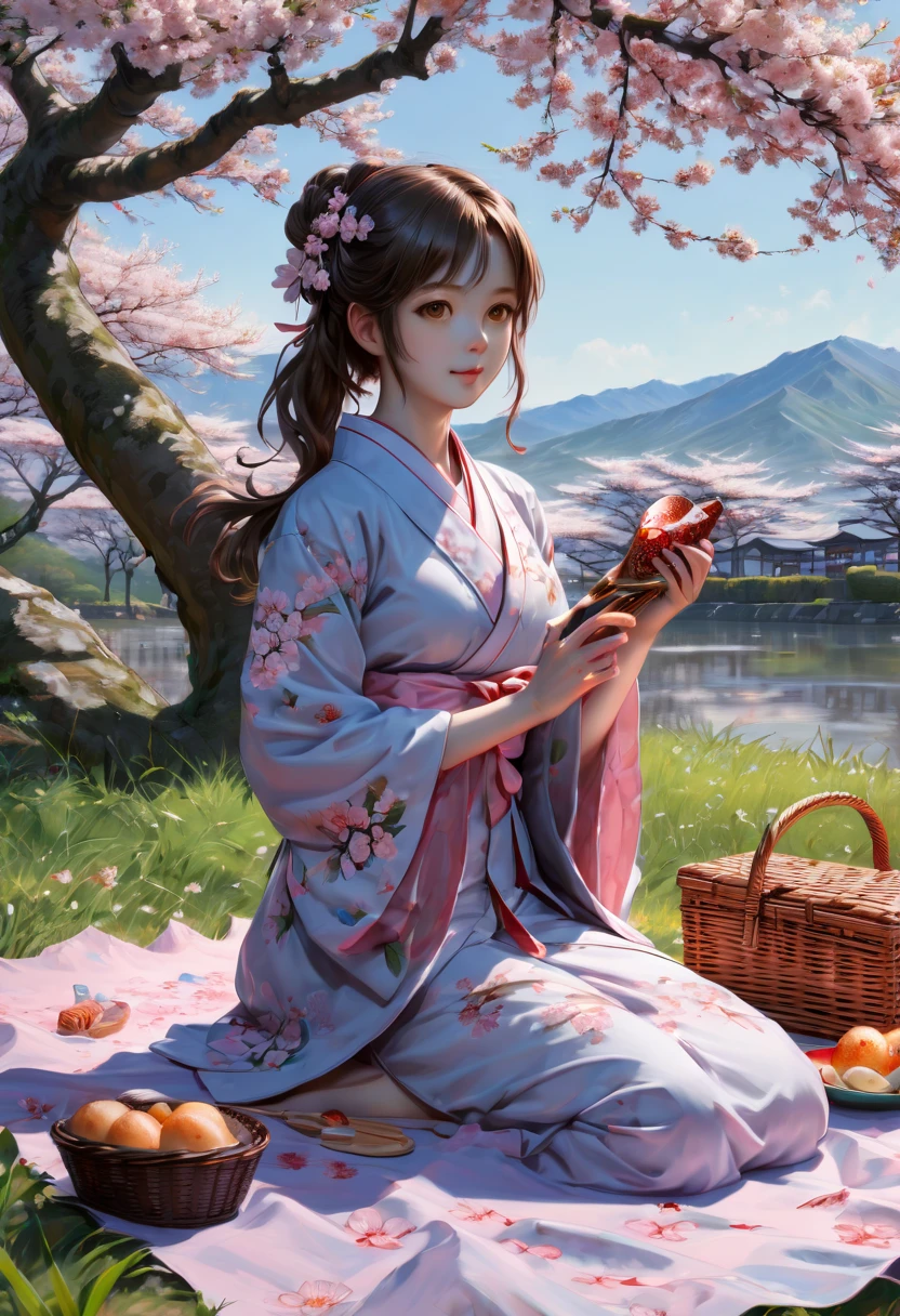 girl, picnic, Sakura, junoesque, (best quality, masterpiece, Representative work, official art, Professional, Ultra intricate detailed, 8k:1.3)