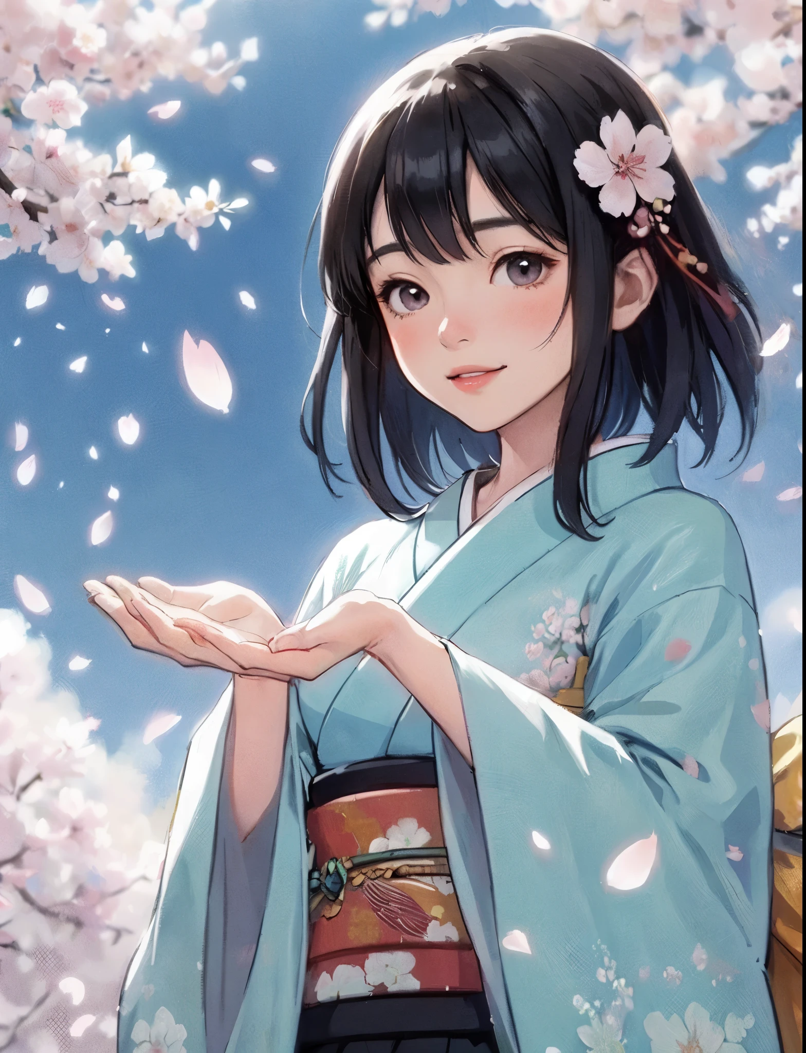 1lady solo, standing, (gazing at petal dancing down), (light blue kimono) stylish, mature female, /(black hair/) bangs, blush light smile, (masterpiece best quality:1.2) delicate illustration ultra-detailed, medium breasts BREAK (small petal landing her palm) BREAK (cherry blossoms tree) outdoors, (petals dancing down), noon, detailed background