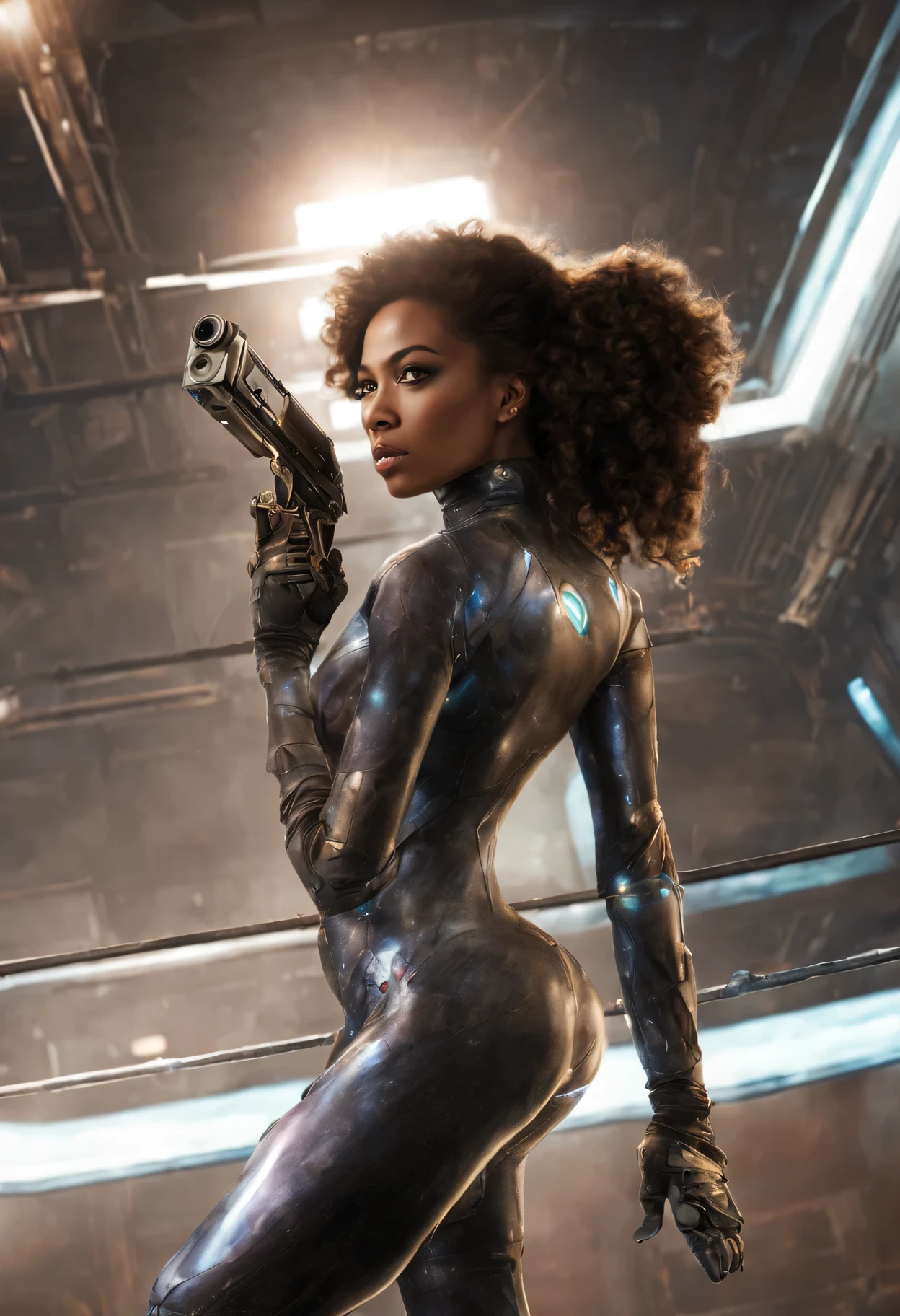 (The Age of Discovery: in a spaceship, laser gun:1.46), (background: liquid platinum theme: Fascinating electric element visuals:1.21), masterpiece, photo-realistic, absurd resolution, unity-8k, official art, ink painting, ice camera photography ,double exposure prism, Pirate girl standing on deck 1 posing for a photo, (right hand touch a laser gun:1.21, left hand finger sign:1.33), (Perfect anatomy, perfect hands, only five fingers), ((close arrogant pose_up face)), Canon RF28-70mm F/2.0 LUSM, award-winning, break (fine brown eyes, dark long curly hair, [dreadlocks], (light brown skin mixed race/afro latina):1.21), (angry grumpy, Facial expression emphasis:1.21), ((wearing a black crystal bodysuit, black diamond theme: Fascinating electric element visuals pattern:1.33)), detailed laser gun, god&#39;s light,right ray,ray tracing, 