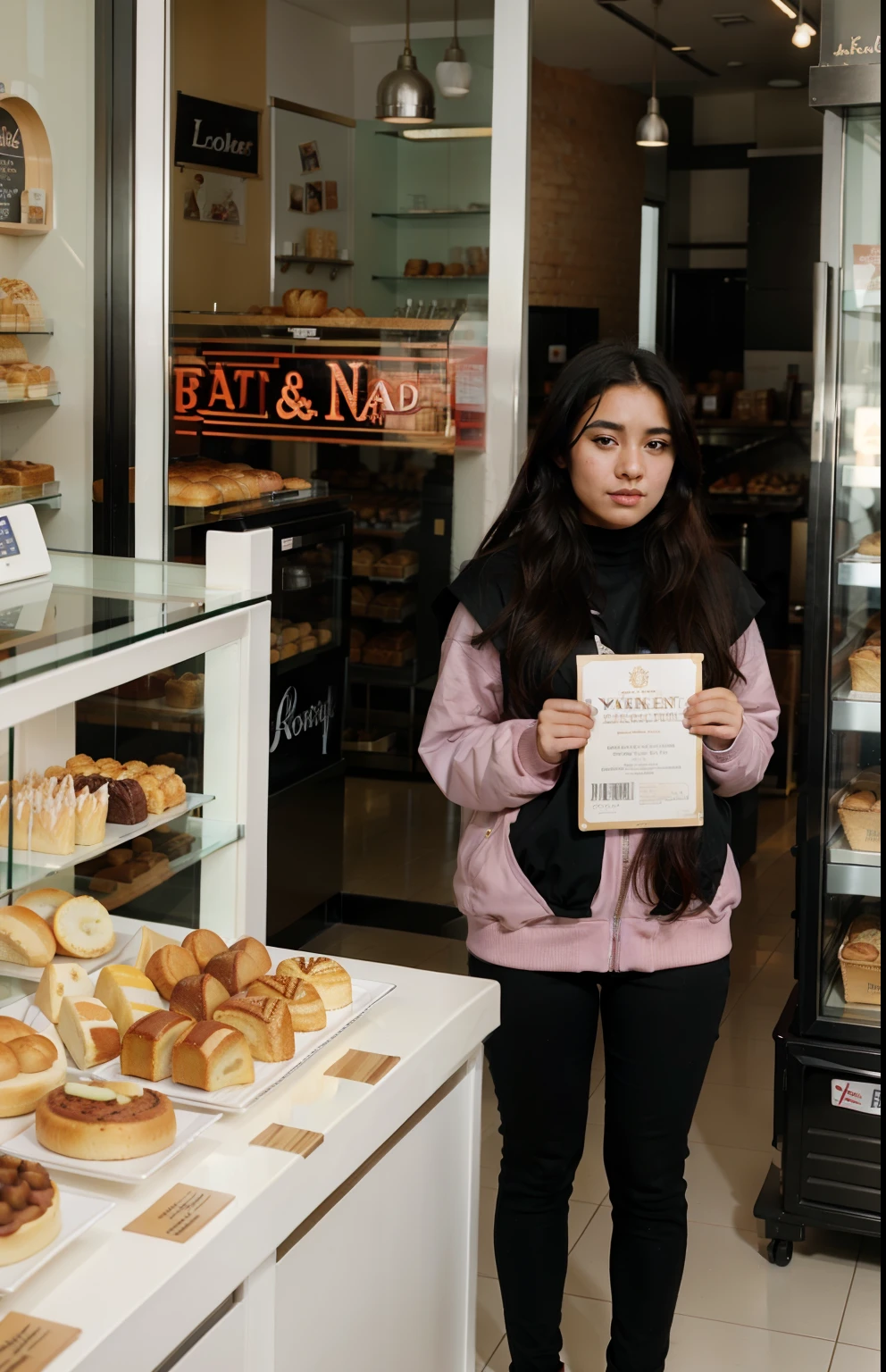 ((best quality)), ((masterpiece)), (detailed), 13-year-old girl, black hair, whitout clothes, standing in a bakery,