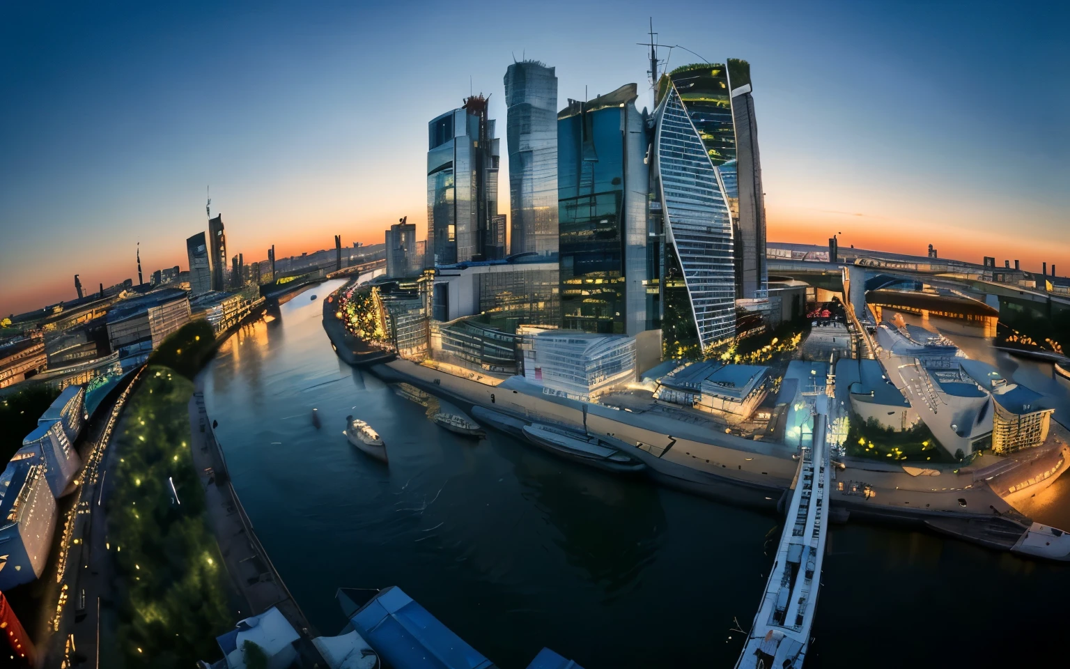 A large white pleasure boat floats along the river in front of Moscow City. People are on the boat: men, Women, children of different ages. The nose cuts through the water and the water boils.