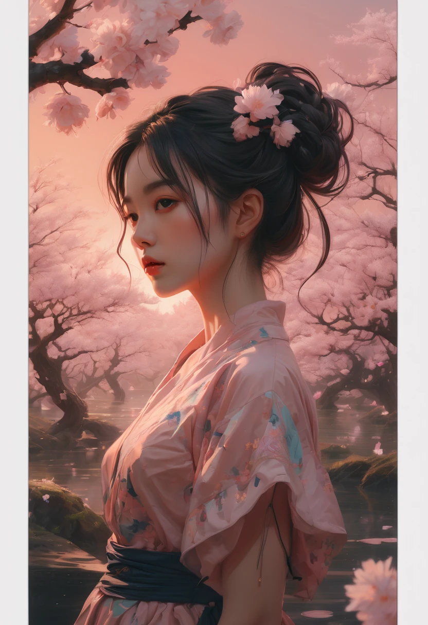 1girl, The Sakura Maiden, aesthetic, Incredible, detailed fluid gouache illustration of an enchanting, glowing sakura garden at sunset by renowned artists including Jeremy Mann and Winslow Homer. Features sharp focus, vivid colors, fireflies and a hyperrealistic galaxy. Concept art with 8k resolution.