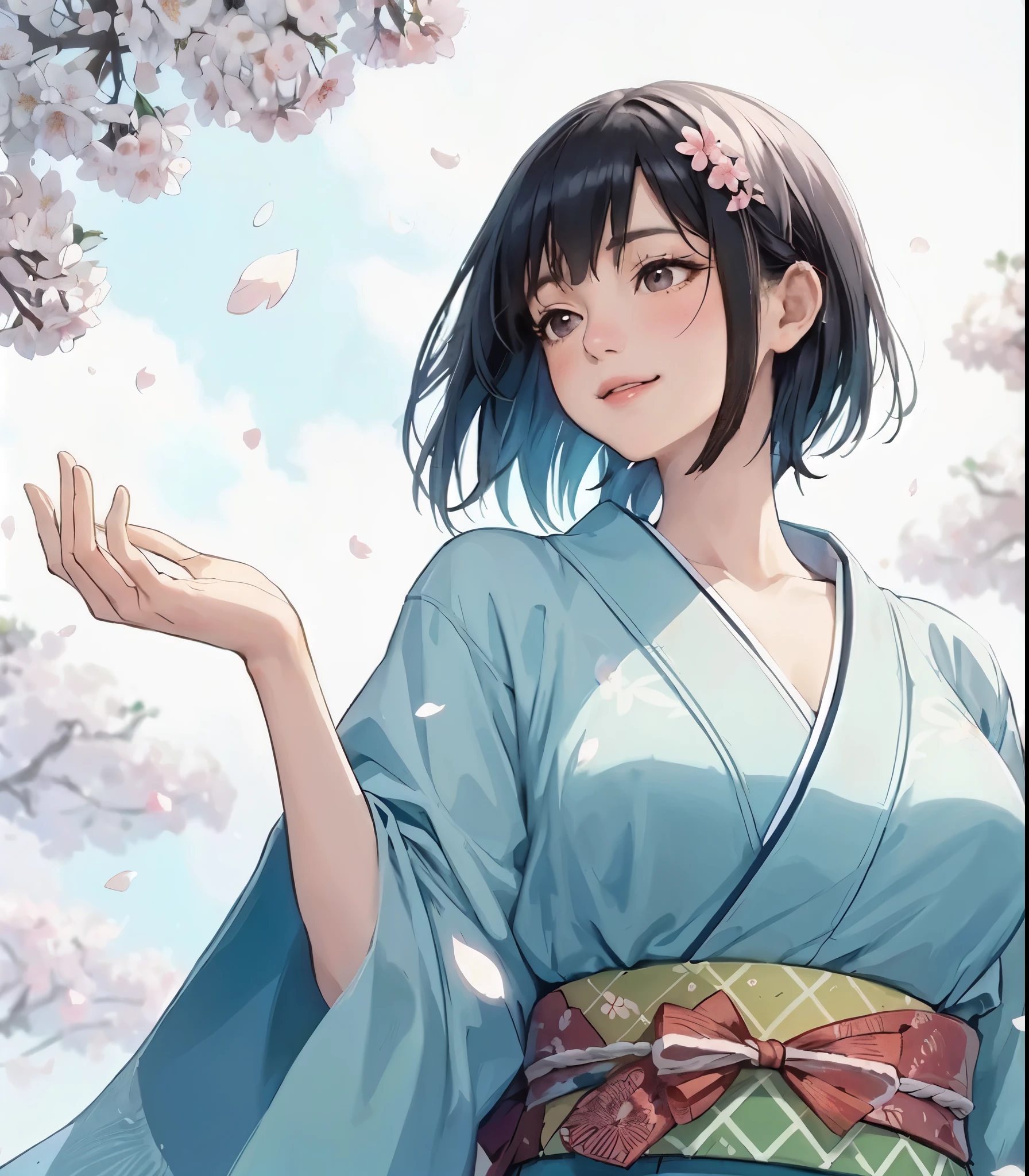 1lady solo, standing, (gazing at petal dancing down), (light blue kimono) stylish, mature female, /(black hair/) bangs, blush light smile, (masterpiece best quality:1.2) delicate illustration ultra-detailed, medium breasts BREAK (small petal landing her palm) BREAK (cherry blossoms tree) outdoors, (petals dancing down), noon, detailed background
