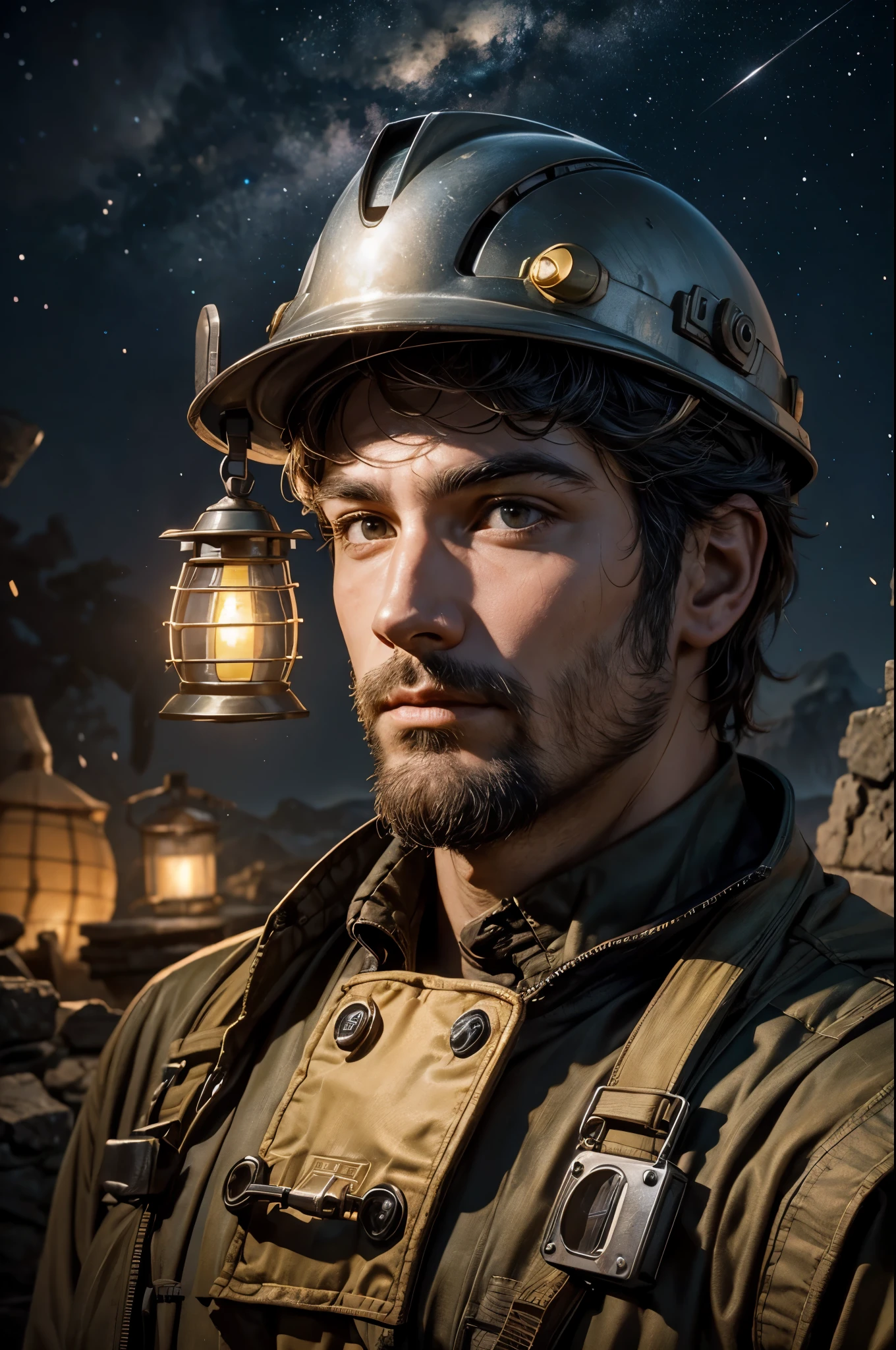 close-up photorealistic face of a male miner in a helmet with a lantern against the background of ore asteroids