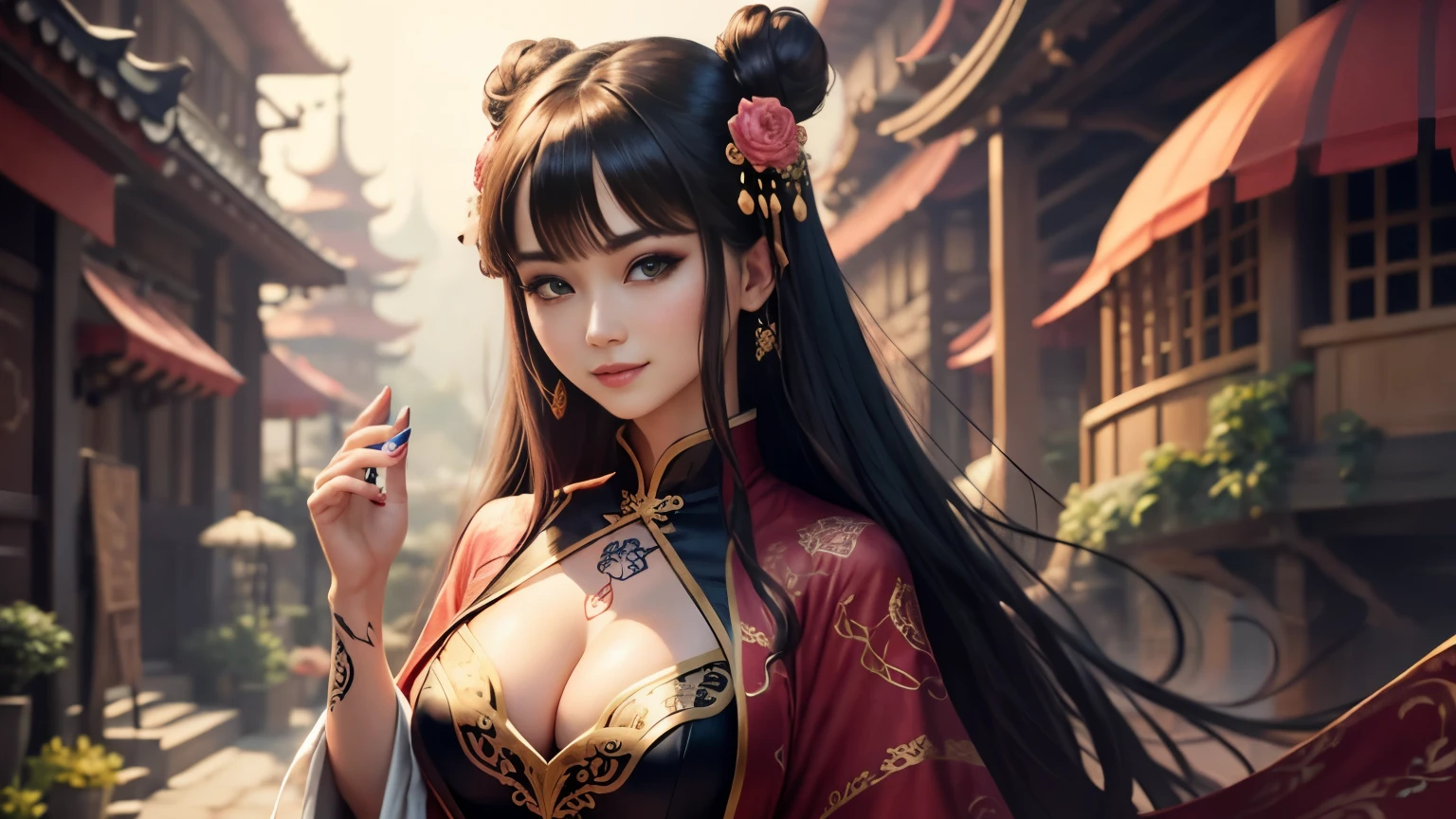 High resolution, 1 female, hip up, beautiful eyes, Ring-shaped eyes, jewelry, tattoo, Hanfu, chinese fairy, taoist uniform、cleavage、smile、