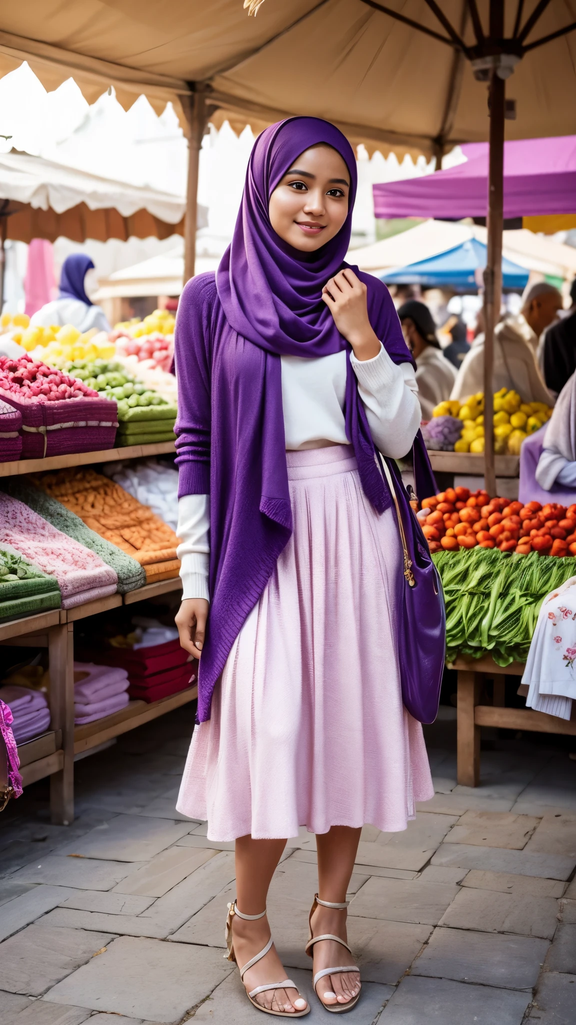 Cute Indonesian young man,wearing soft purple hijab, perfect hijab, muslim women white long floral dress, long skirted, perfect dress, sandals, wearing a purse,standing in a market,illustration,cozy atmosphere, morning scene,tranquil surroundings,serene expression,peaceful environment,pleasant weather,blissful ambiance,textured fabrics,exquisite detailing,lively marketplace,loose hijab,comfortable clothing style,serene expression, feminine pose,lively,energetic atmosphere,sunny day,bright and cheerful,face to viewer,body facing to viewer,full body portrait,tall background