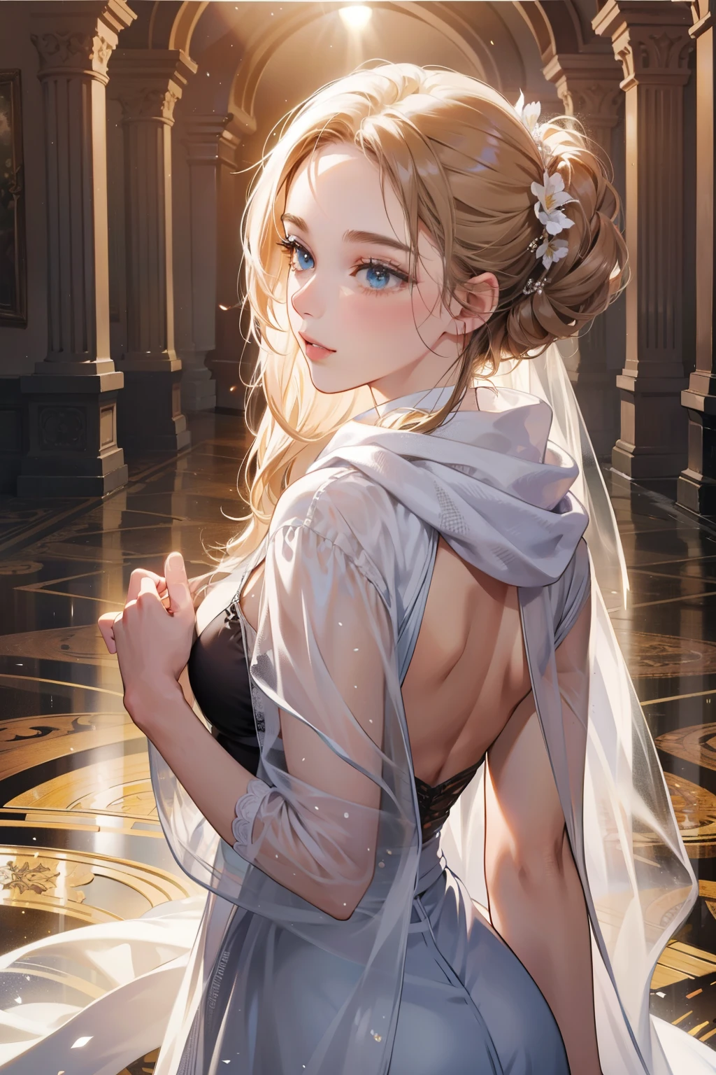 A 25-year-old girl, clad in a white scarf and standing elegantly with her back towards me, in the heart of the grand ballroom. The sun's rays gracefully illuminated her figure, casting a warm glow on her skin as she turned to look at me. Her white high shoes reflected the light, adding to her statuesque appearance. The intricacies of her features were revealed as the sunlight touched her face, bringing out the natural textures and subtle details. Her eyes sparkled gently, captivating my gaze. The scene was one of timeless beauty and sophistication. --s2