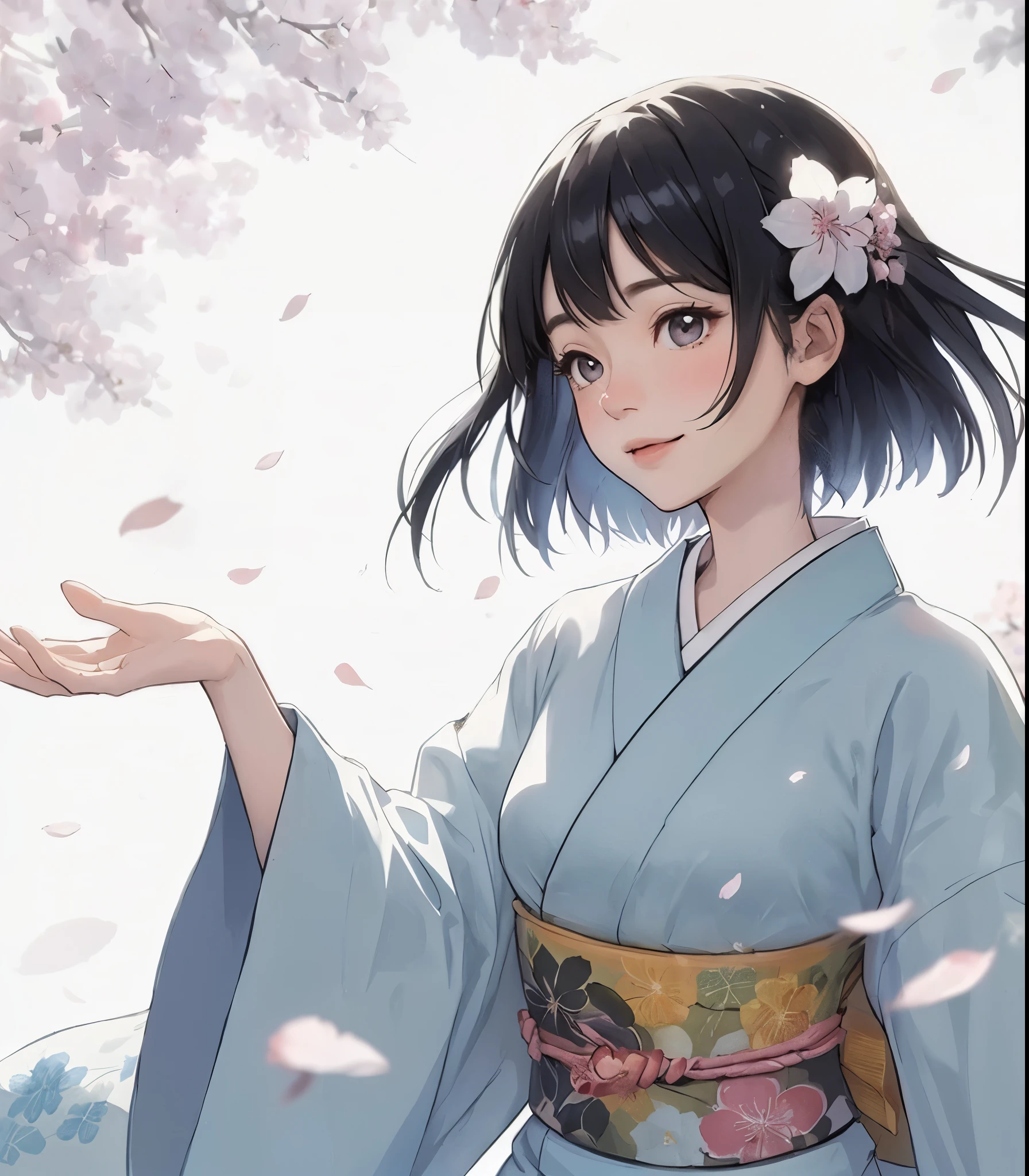 1lady solo, standing, (gazing at petal dancing down), (light blue kimono) stylish, mature female, /(black hair/) bangs, blush light smile, (masterpiece best quality:1.2) delicate illustration ultra-detailed, medium breasts BREAK (small petal landing her palm) BREAK (cherry blossoms tree) outdoors, (petals dancing down), noon, detailed background