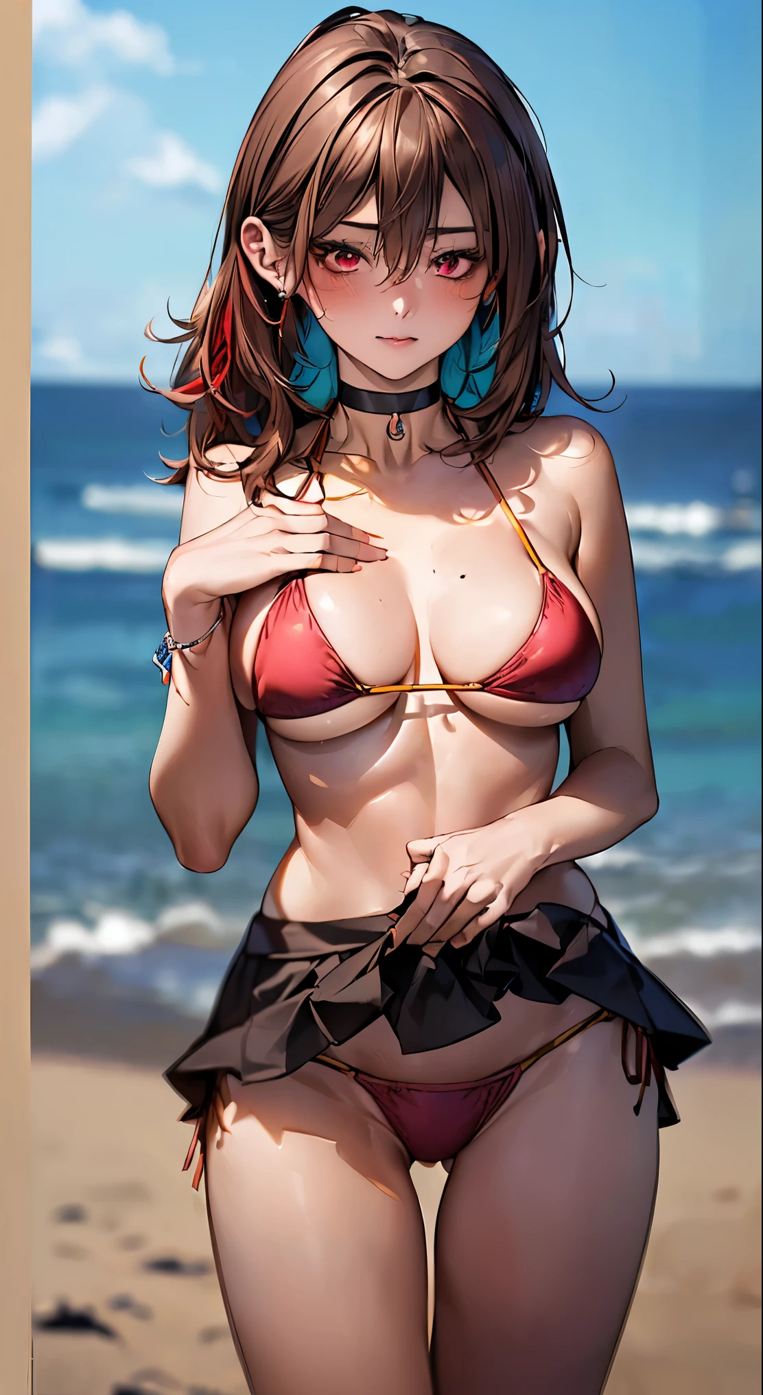 (masterpiece:1.2, highest quality, 8k, advanced details), (realistic, photorealistic:1.4), beautiful illustrations,
looking at the viewer, whole body, Front view:0.6,
1 female, 23 years old, Japanese, ((brown medium hair:1.5, don't show your ears:1.8)), blown hair, bangs, hair between eyes, ((height: 172cm, D cup breasts,Moderate abs, big ass))
beautiful hair, beautiful face, beautiful and detailed eyes, (red eyes:1.3, Cats eye:1.6), beautiful clavicle, beautiful body, beautiful breasts, beautiful thighs, beautiful feet, beautiful fingers, perfect anatomy:1.3, perfect anatomy
(coastal)
((colorful bikini:1.5, choker:1.6))
((Grasp the hem of the skirt with your right hand, put your left hand on your chest, stand with legs apart:1.3)),
(Look at the viewer while blushing:1.3)