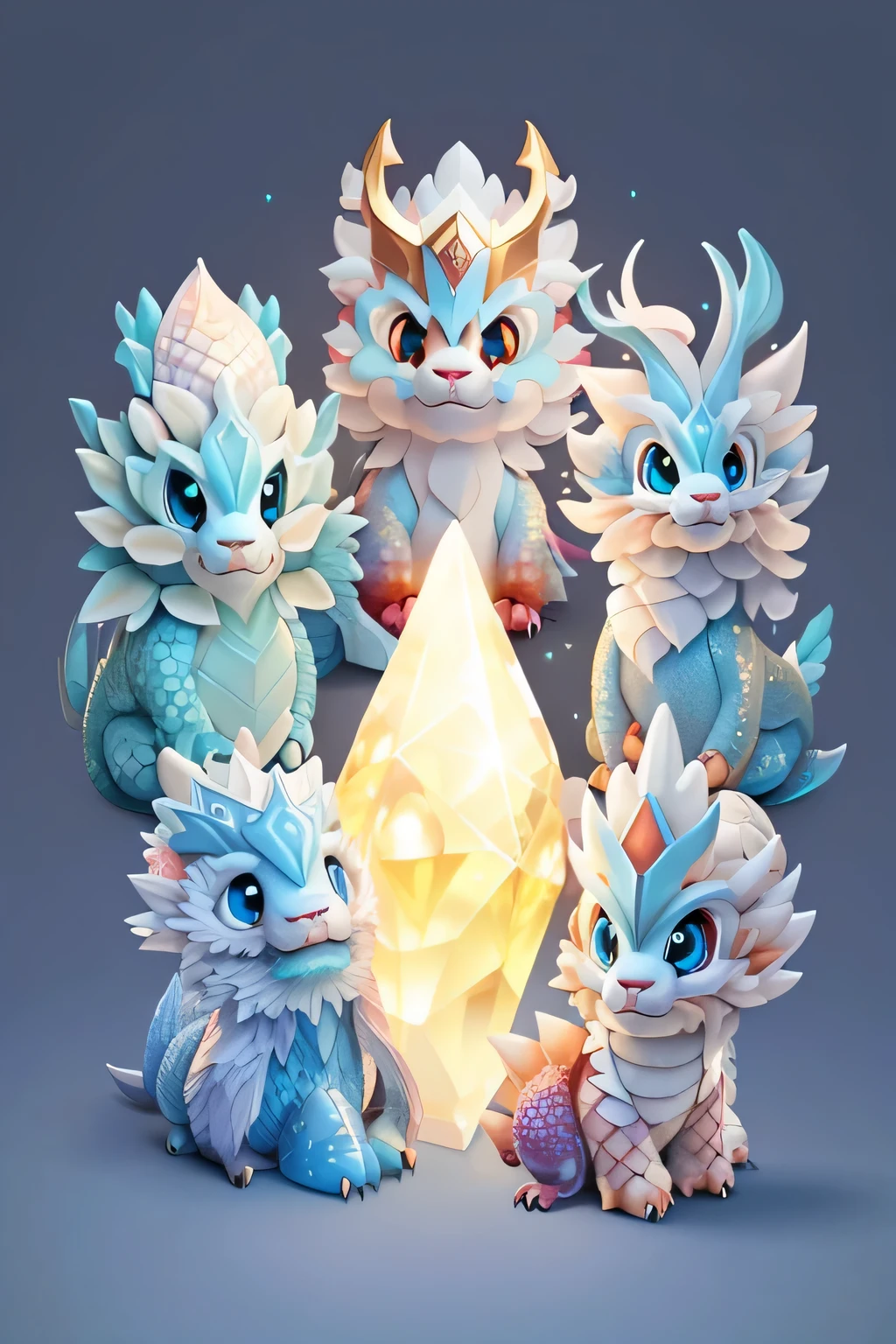 There are five different types of dragon toys surrounding the crystal, Lovely and detailed digital art, crystal dragon, cute numbers, Cute Internet God, crystal scales, On the crystal throne, cute numbers艺术, Children's Art Art Station, crystal nodes, newly hatched dragon, High quality dnd illustrations, Cute monster character design, Complete artistic illustration, author:Ye Ruin