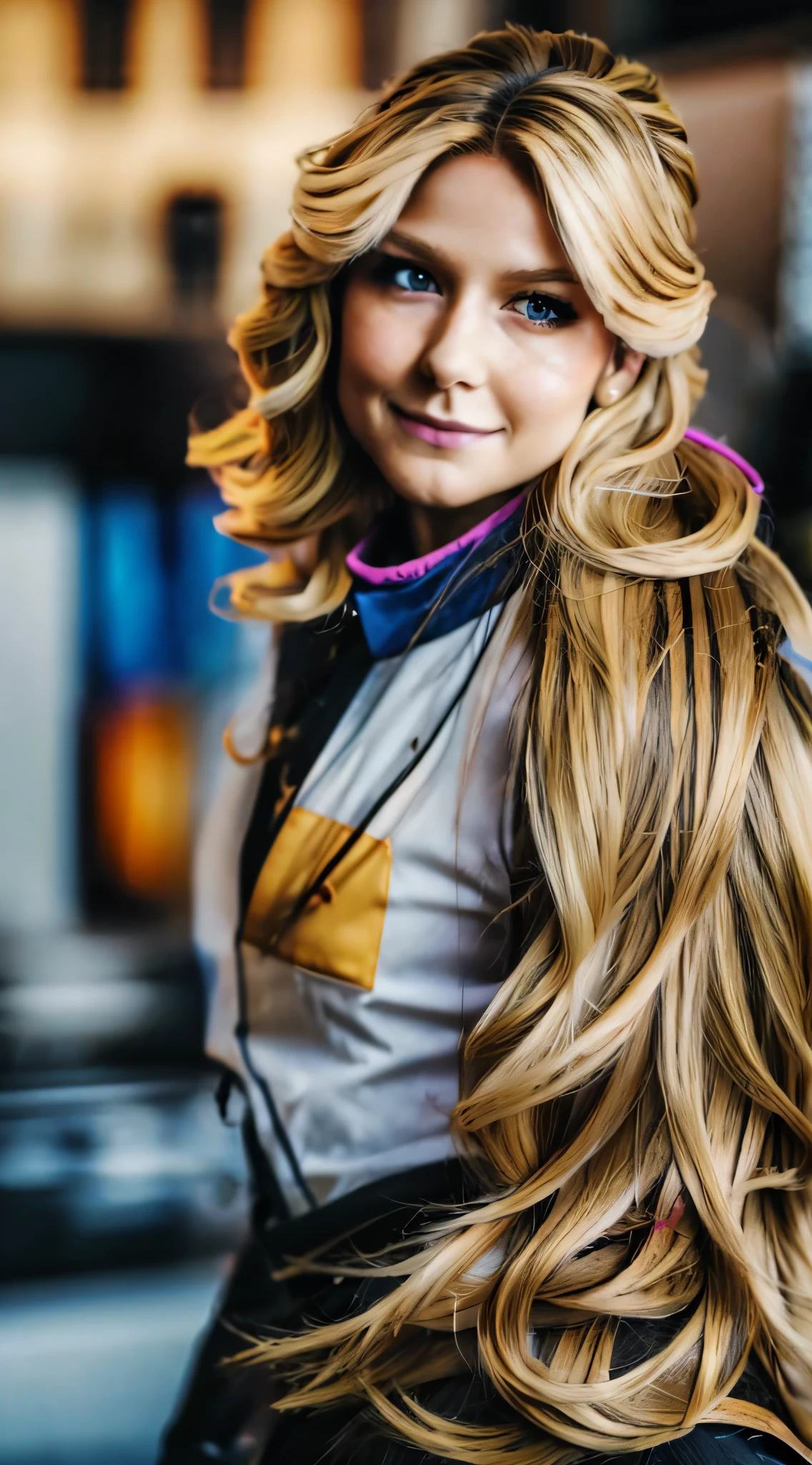 de face et lion pour voir toute le core Gundam, Belle fille blonde de 28 ans en costume multicolore avec des détails élevés, photo glamour, wavy hair, grandiose , Cyberpunk, Gundam, maquillage sombre, Cheveux mohawks
