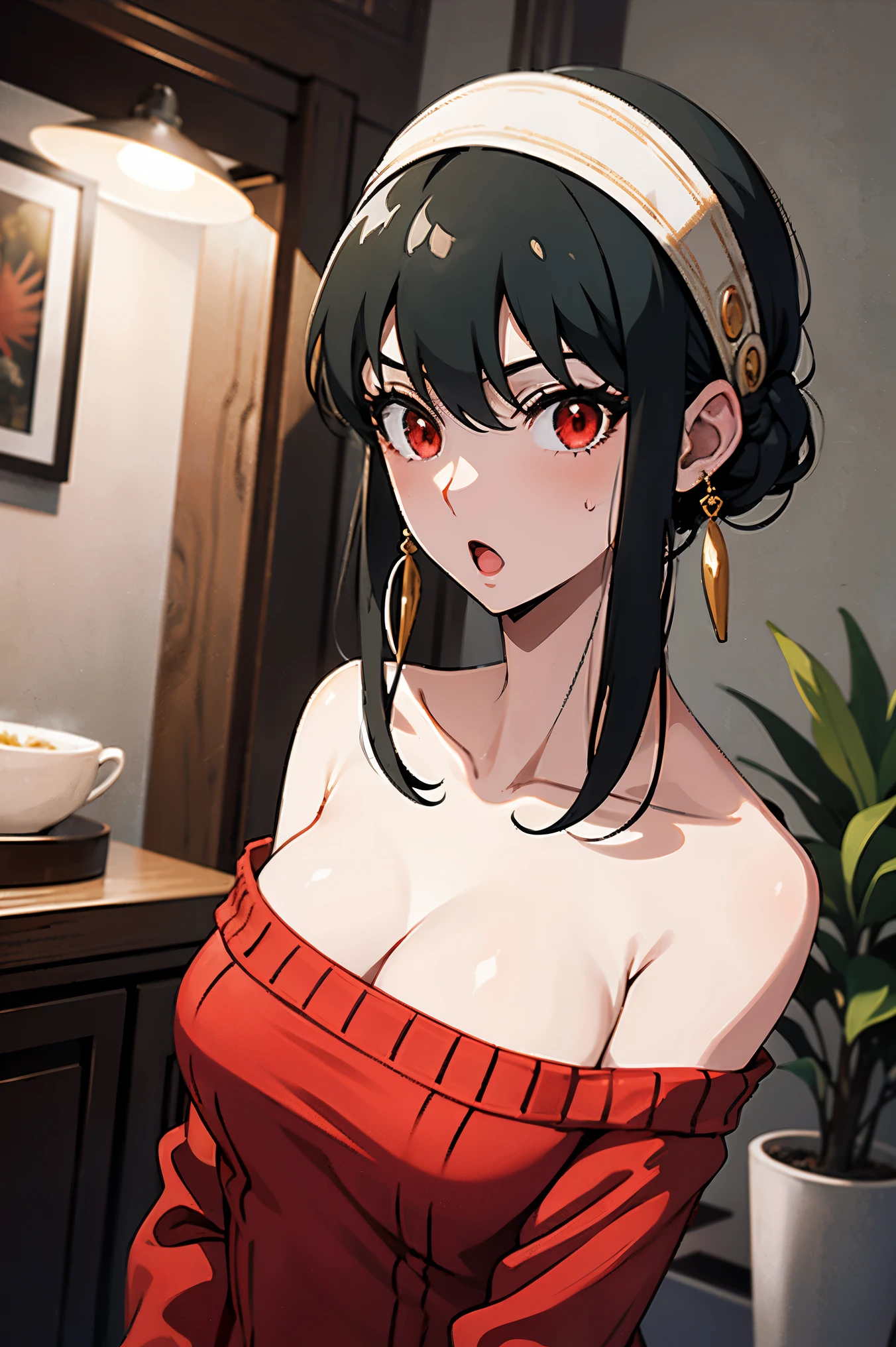 masutepiece, Yor, 1girl in, Solo, Looking at Viewer, Open mouth, Black hair, Red Eyes, Dress, Bare shoulders, Jewelry, clavicle, side locks, shairband, earrings, Indoors, off shoulders, :o, Sweaters, arms behind back, plant, short hair with long locks, white hairband, Off shoulder dress, sweater dress, off-the-shoulder sweater, Red Sweater, large side hair, Very long side hair,