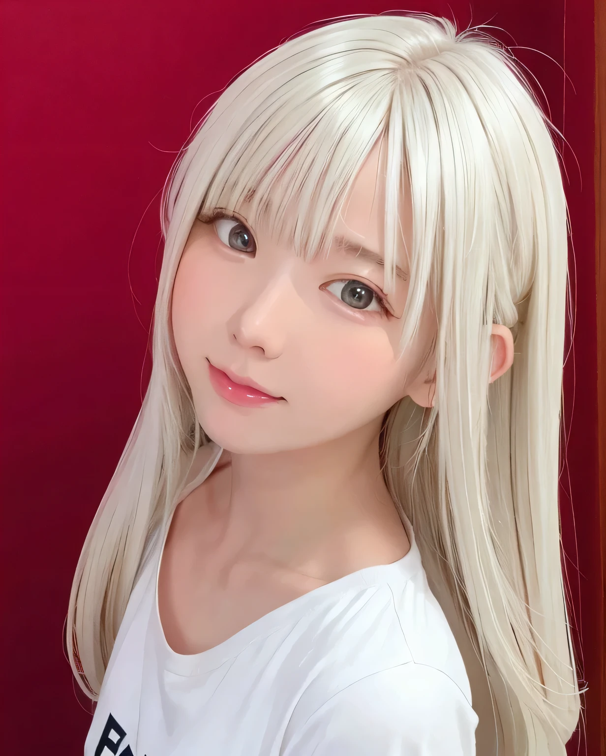 ８K、highest quality、real human skin、white skin、realistic raw photo、become familiar with、&#39;s face、pore、1 Cute Girl、slim、flat body、、kind, Eyes like a goddess、white simple background、(upper body shot)、brown eyes、、(pure white hair:1.3)、(crazy long hair:1.3)、