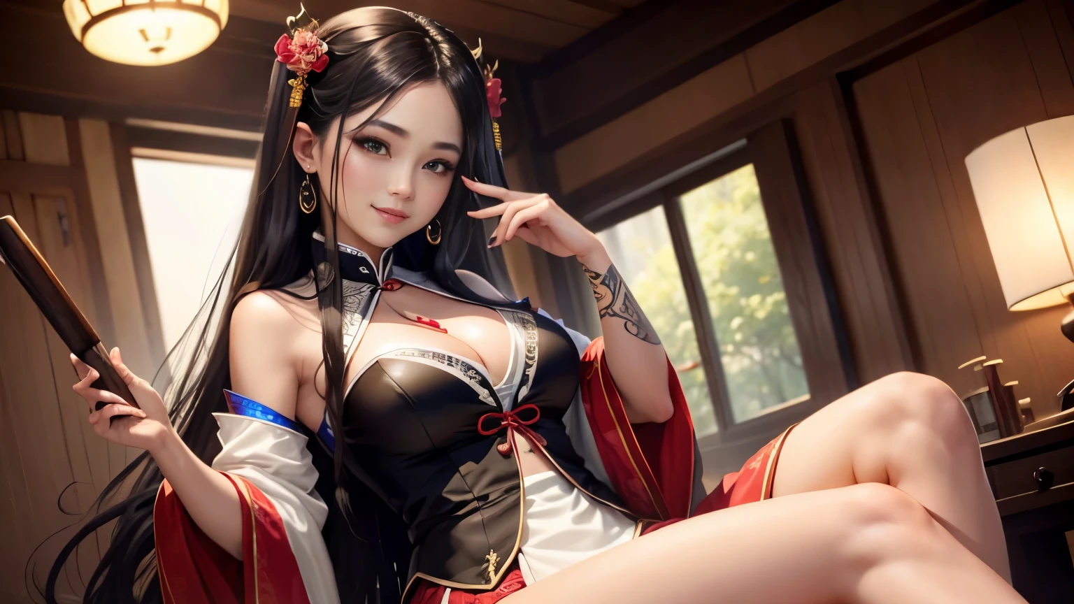 High resolution, 1 female, hip up, beautiful eyes, Ring-shaped eyes, jewelry, tattoo, Hanfu, chinese fairy, taoist uniform、cleavage、smile、