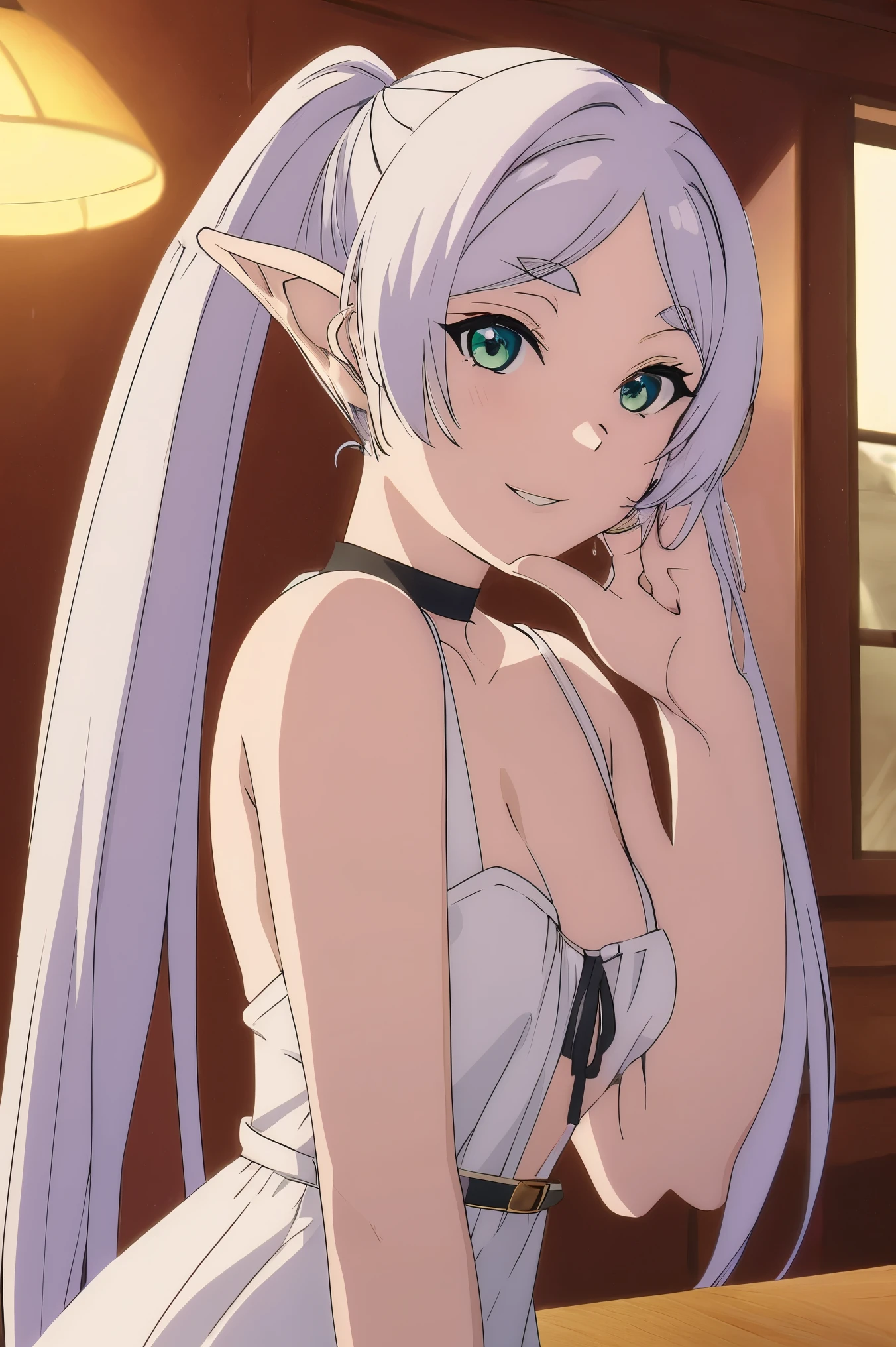 Fufufu®,1 girl,alone,goblin,gray hair,灰colorの髪の毛,Early Leaveless Dresses,white dress,sleeveless dress,bare shoulders,clavicle,nffsw,pointed ears,long hair,ponytail,green eyes,twin tails,parted bangs,thick eyebrows,Grinning NSFW,small breasts,cleavage,Grinning NSFW, 20-year-old,infp young woman,beautiful Finger,beautiful long legs,beautiful body,beautiful nose,beautiful character design, perfect eyes, 完璧なface,expressive eyes,
looking at the viewer,
official art,Highly detailed CG Unity 8k wallpaper, Perfect lit,colorful, bright_front_face_lit,shiny skin, 
(table top:1.0),(Highest_quality:1.0), 超A high resolution,4k,super detailed,
photograph, 8k, nffsw, High resolution, absurd:1.2, kodak portrait 400, film grain, blurred background, Bokeh:1.2, Lens flare, (lively_color:1.2), (beautiful_face:1.5),(narrow_waist), ,NSFW,, exquisite visuals, High resolution,table top,Highestquality,
