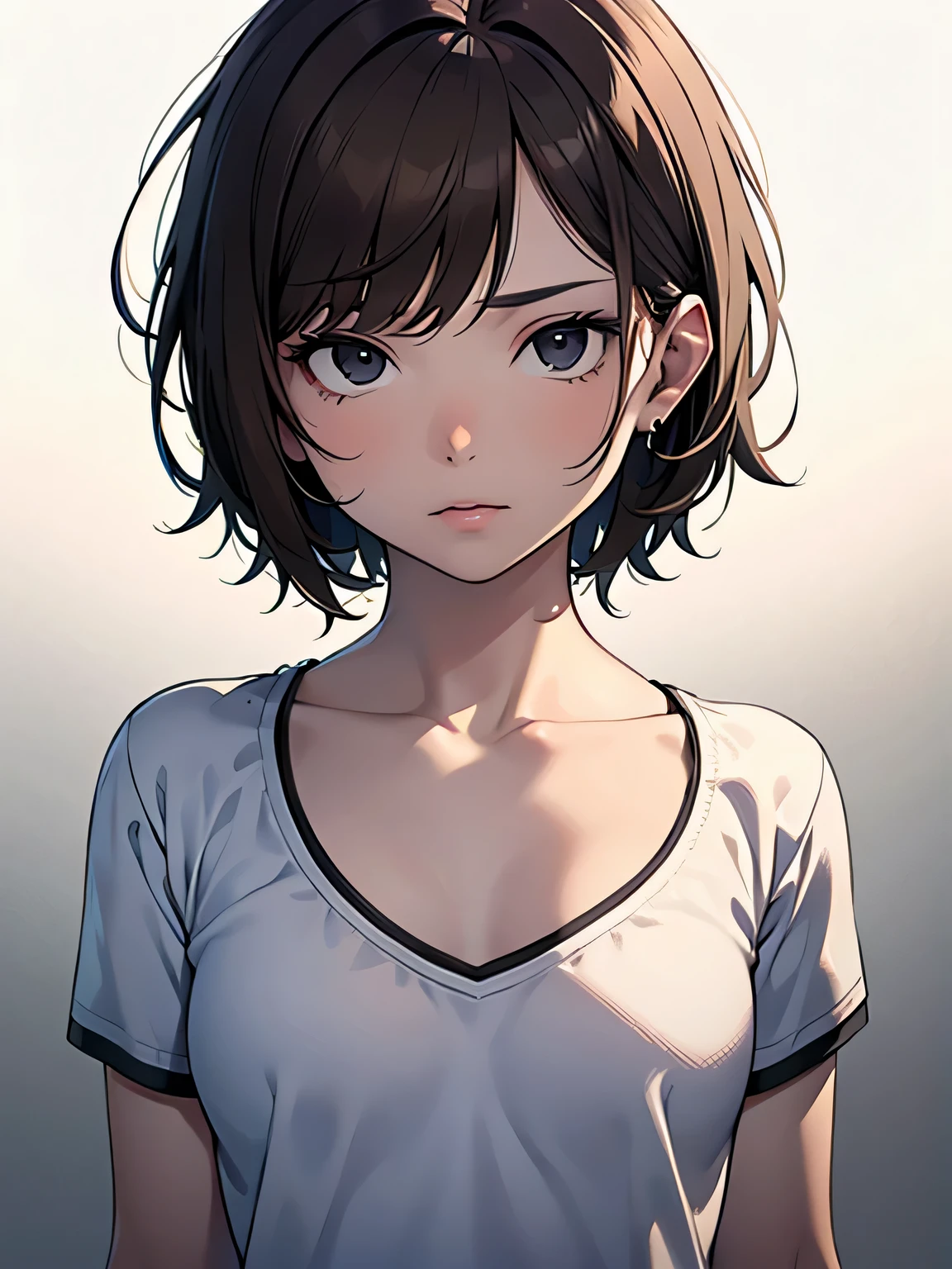 masterpiece,High resolution,alone,高精細CG Unity 8K,realistic,RAW photo,1 girl,whole body,(White V Neck T-Shirt),Accurate, anatomically correct, symmetrical eyes,(black eye),(small breasts),light brown hair,(very short hair),(messy hair),(asymmetrical bangs),(elevation angle:1),(black eyes),(white background:1),