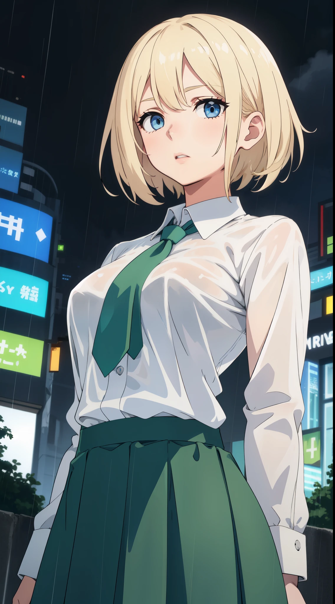 1girl, blond hair, short hair, blue eyes, white shirt, green tie, green skirt, city, rain, detailed background