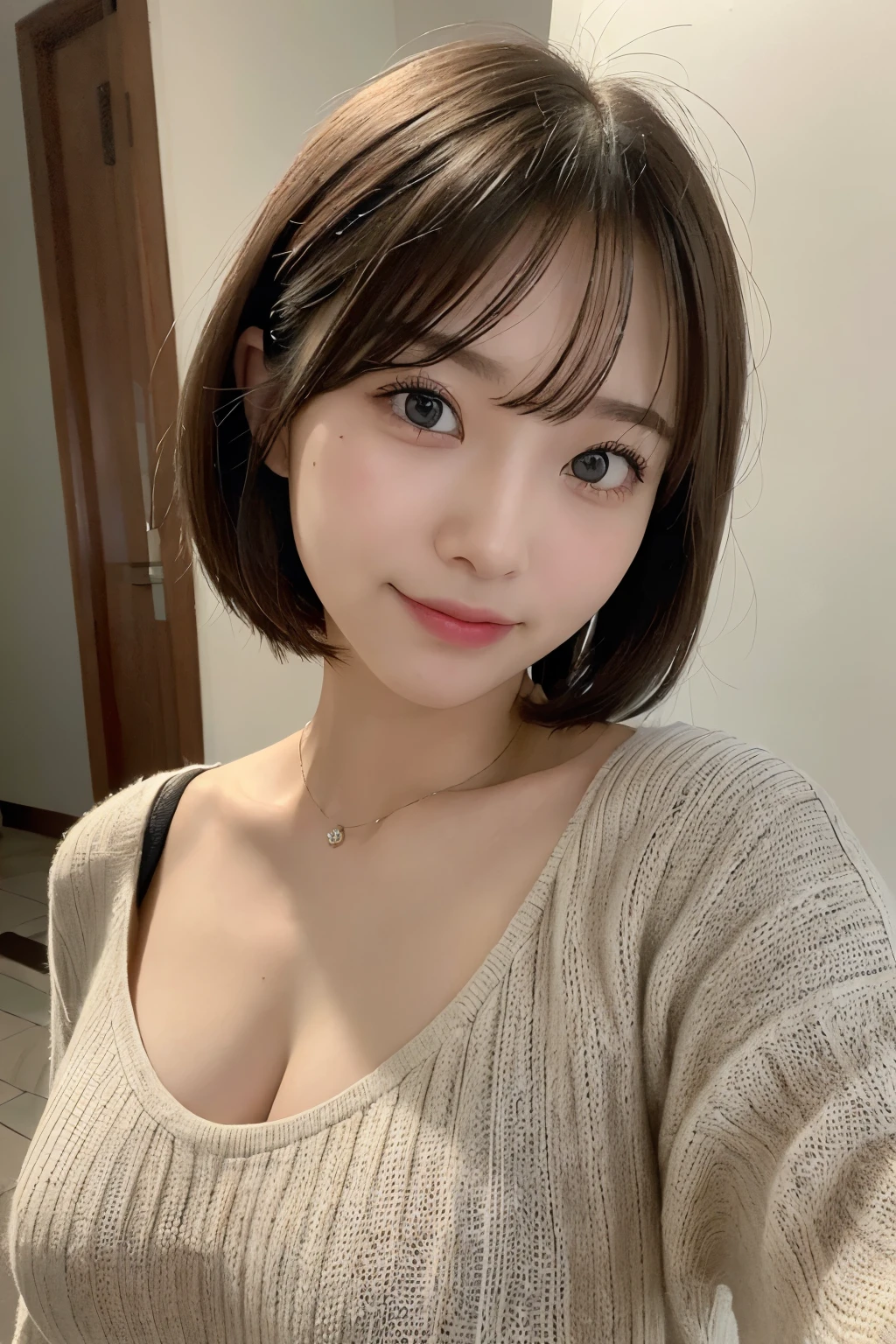 
(masterpiece:1.3), (8k, Photoreal, Raw photo, best image quality: 1.4), Japanese high school girl、(random hairstyle:1.2)、cleavage:1.2、super detail face、eye for details、double eyelid、chest to chest、sharp focus:1.2、Beautiful woman:1.4、light brown hair、highest quality、masterpiece、超A high resolution、(Photoreal:1.4)、Highly detailed and professionally lit smiles、loose and light knitwear、shoulder out、thin、serious expression、short haired、deadly position
